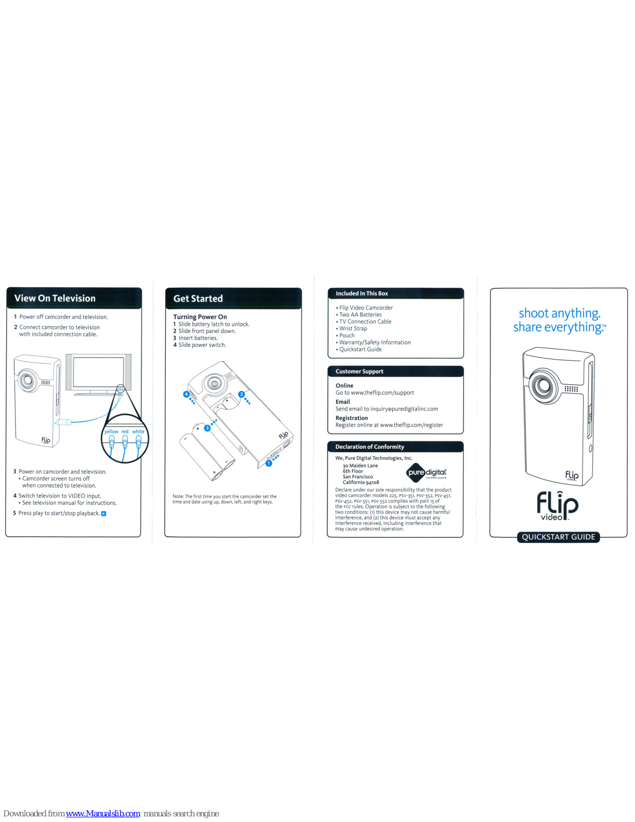 Flip shoot anything. share everything., 225, PSV-351, PSV-352, PSV-451 Quick Start Manual