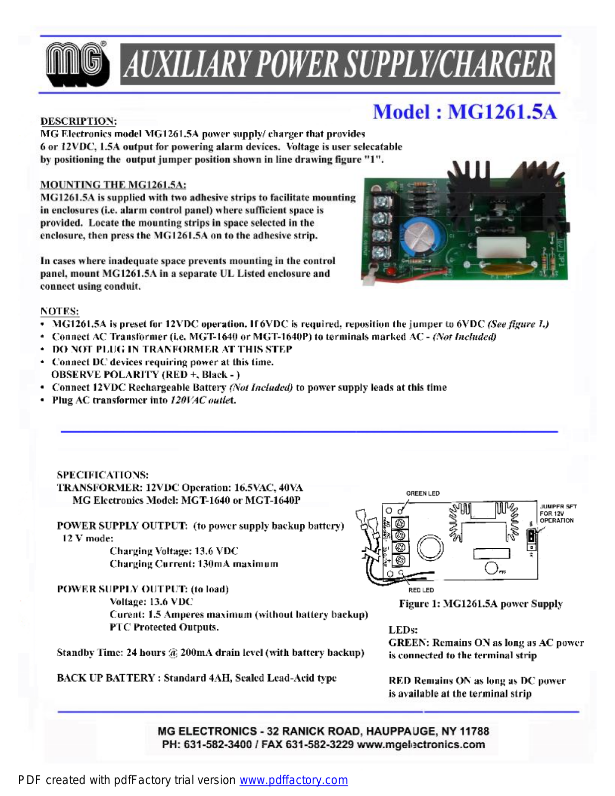 MG Electronics MG-1261.5A Specsheet