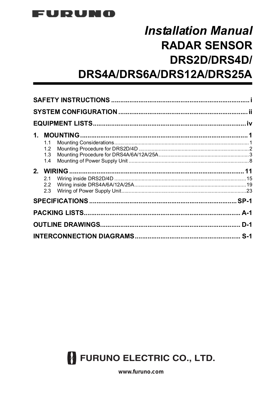 Furuno DRS4A, DRS12A, DRS25A, DRS2D, DRS4D Installation Instructions