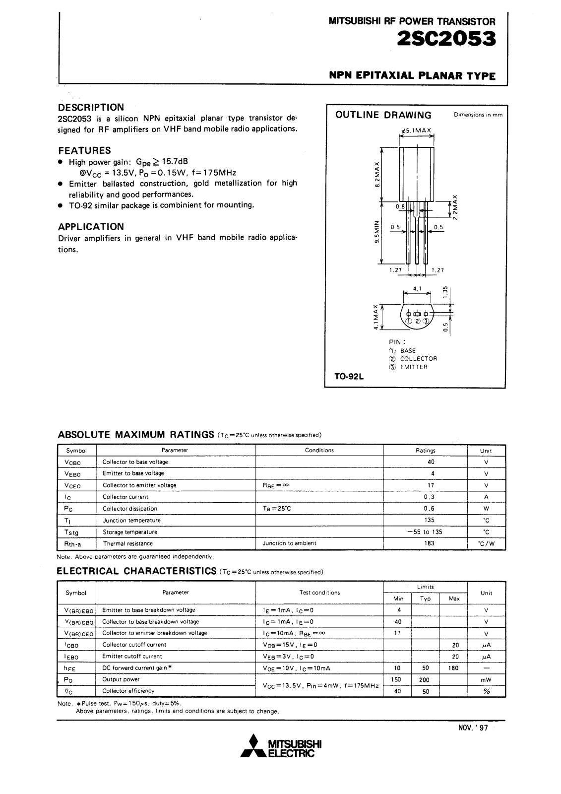 Mitsubishi Electric Corporation Semiconductor Group 2SC2053 Datasheet