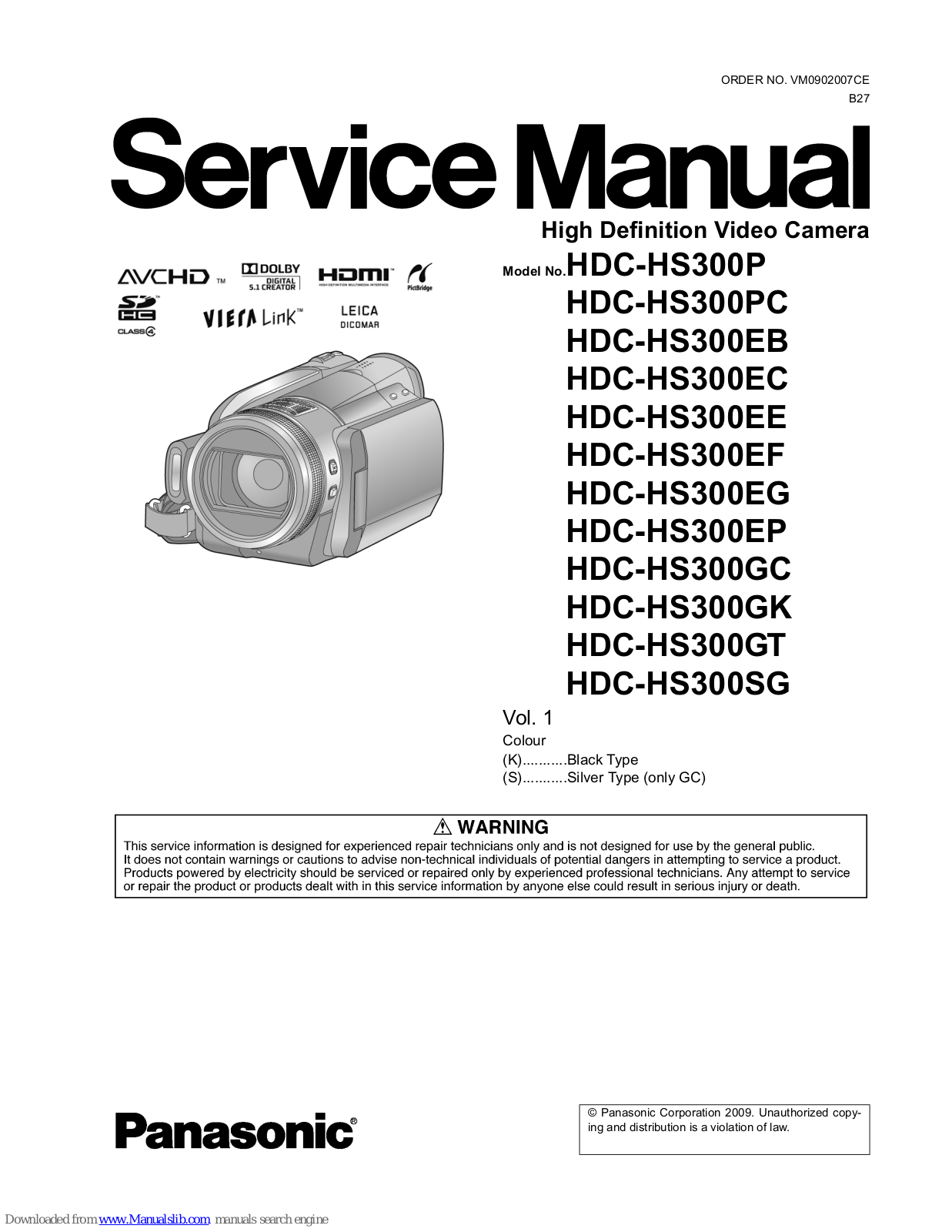 Panasonic HDC-HS300PC, HDC-HS300EG, HDC-HS300EB, HDC-HS300EF, HDC-HS300EP Service Manual