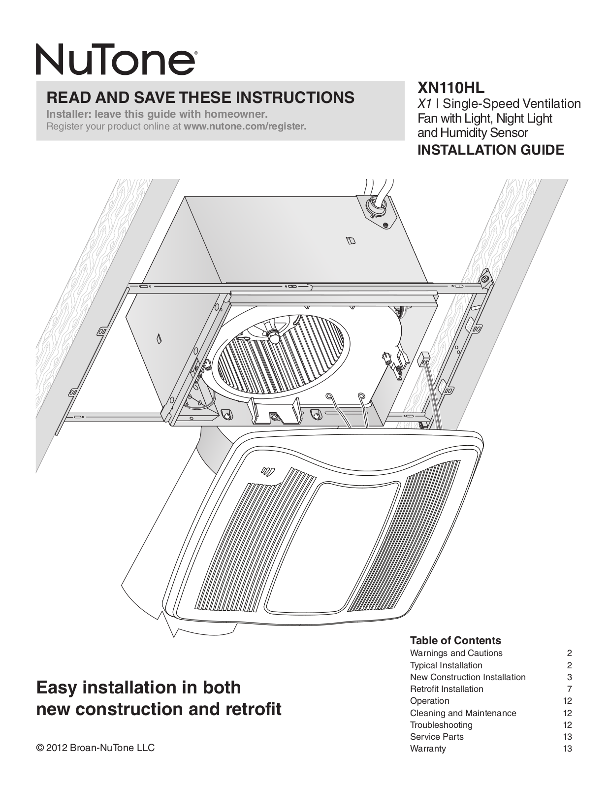 NuTone XN110HL Quick Start Manual