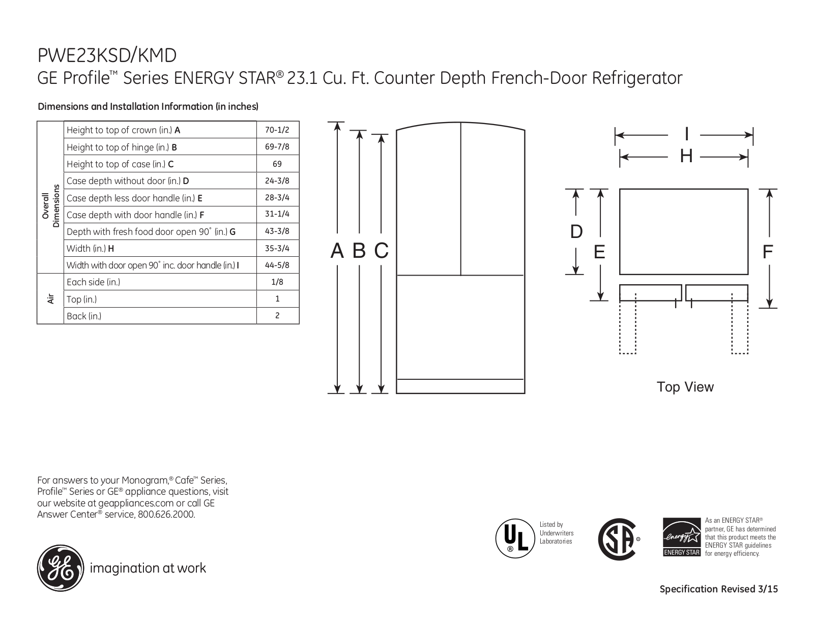 General Electric PWE23KSKSS Specsheet