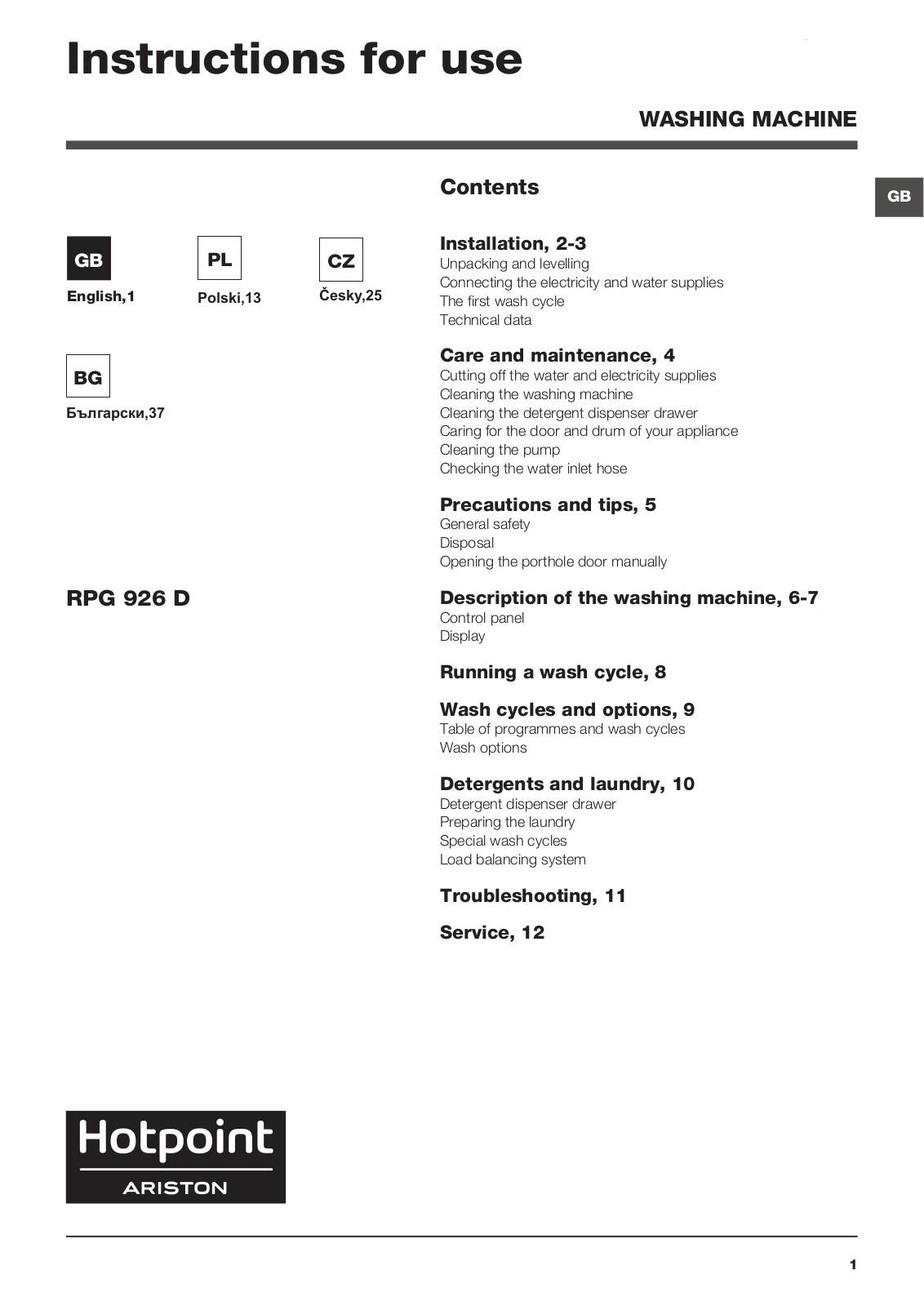 HOTPOINT/ARISTON RPG 926 DX EU User Manual