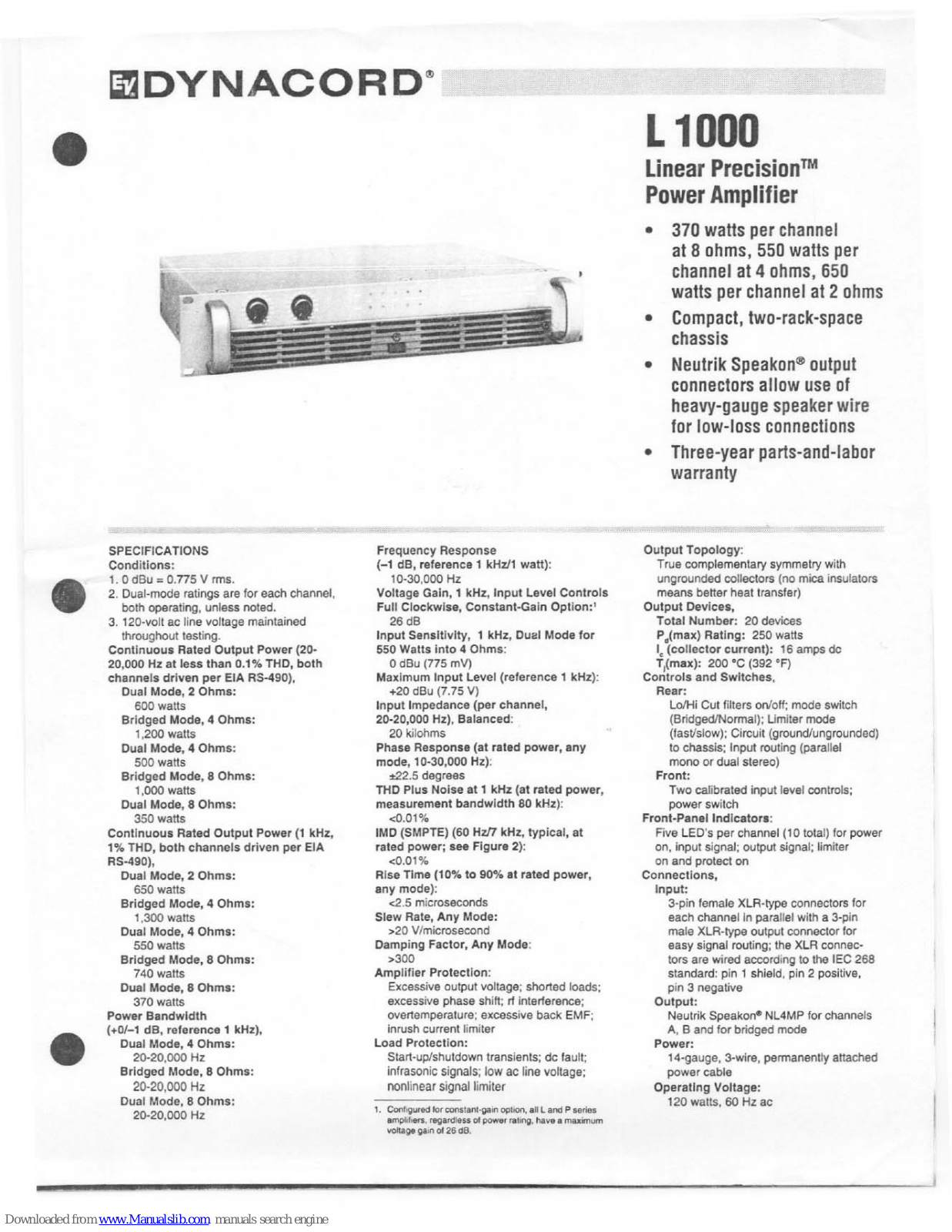 Electro-Voice Dynacord Linear Precision L 1000 Specification Sheet