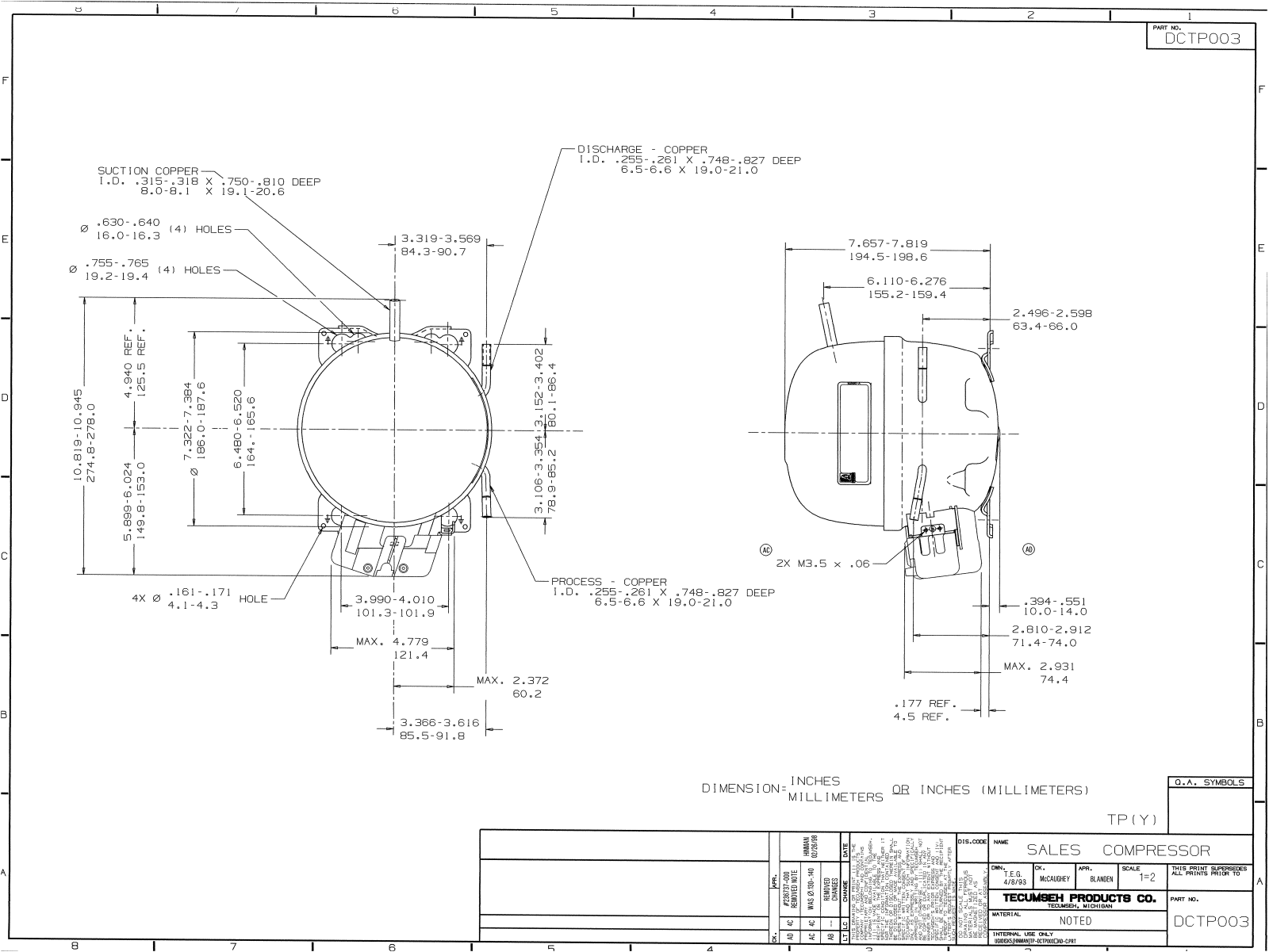 Tecumseh TPA1370YXA, TPA1380YXA, TPA1390YXA, TPA1410YXA, TPA1413YXA Drawing Data