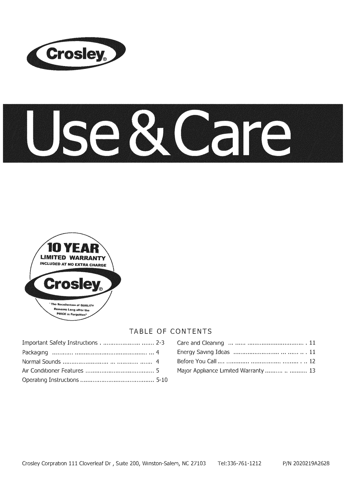 Crosley CAE15EHQ10, CAE18EHQ21, CAHE8ERR410A17, CAHE8ERR410A16, CAHE8ERR410A15 Owner’s Manual