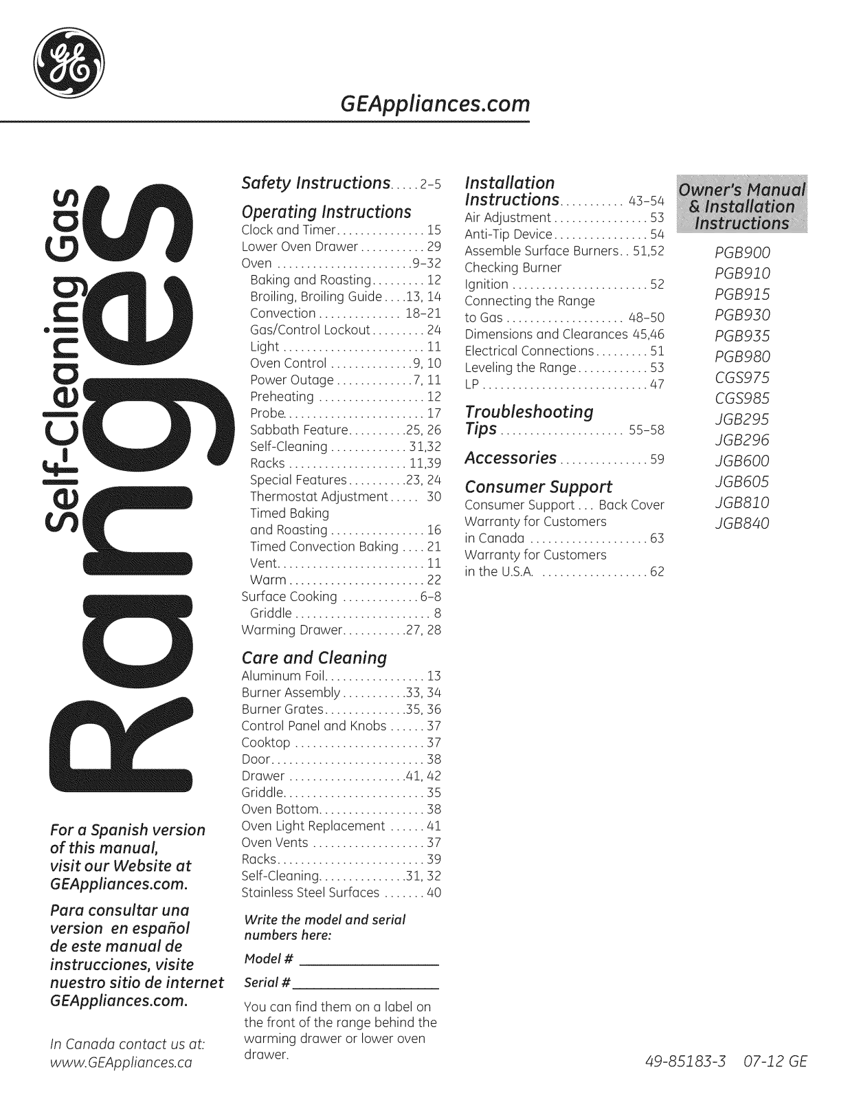 GE PGB980SET2SS, PGB980SET1SS, PGB935SET3SS, PGB935SET2SS, PGB935SET1SS Owner’s Manual