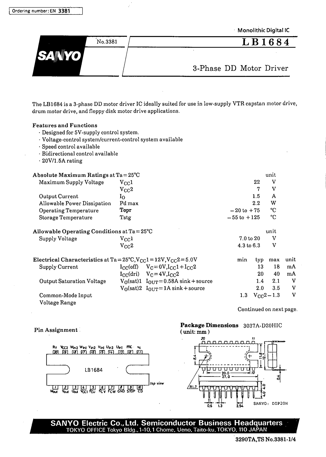 SANYO LB1684 Datasheet