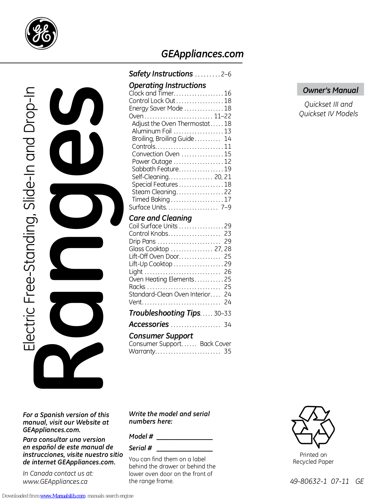 GE JB655DT, JSP39DNWW, JB655STSS, JSP39SNSS, JSP39DNBB Owner's Manual