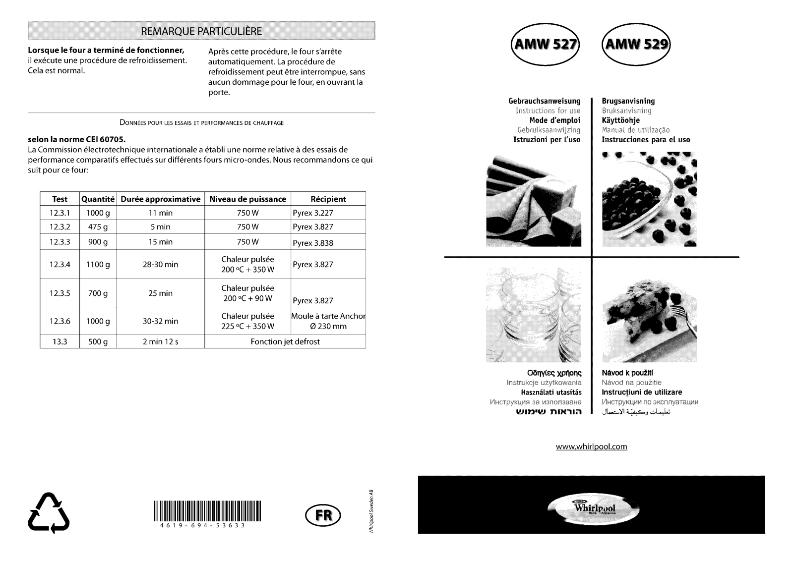 WHIRLPOOL AMW527 User Manual