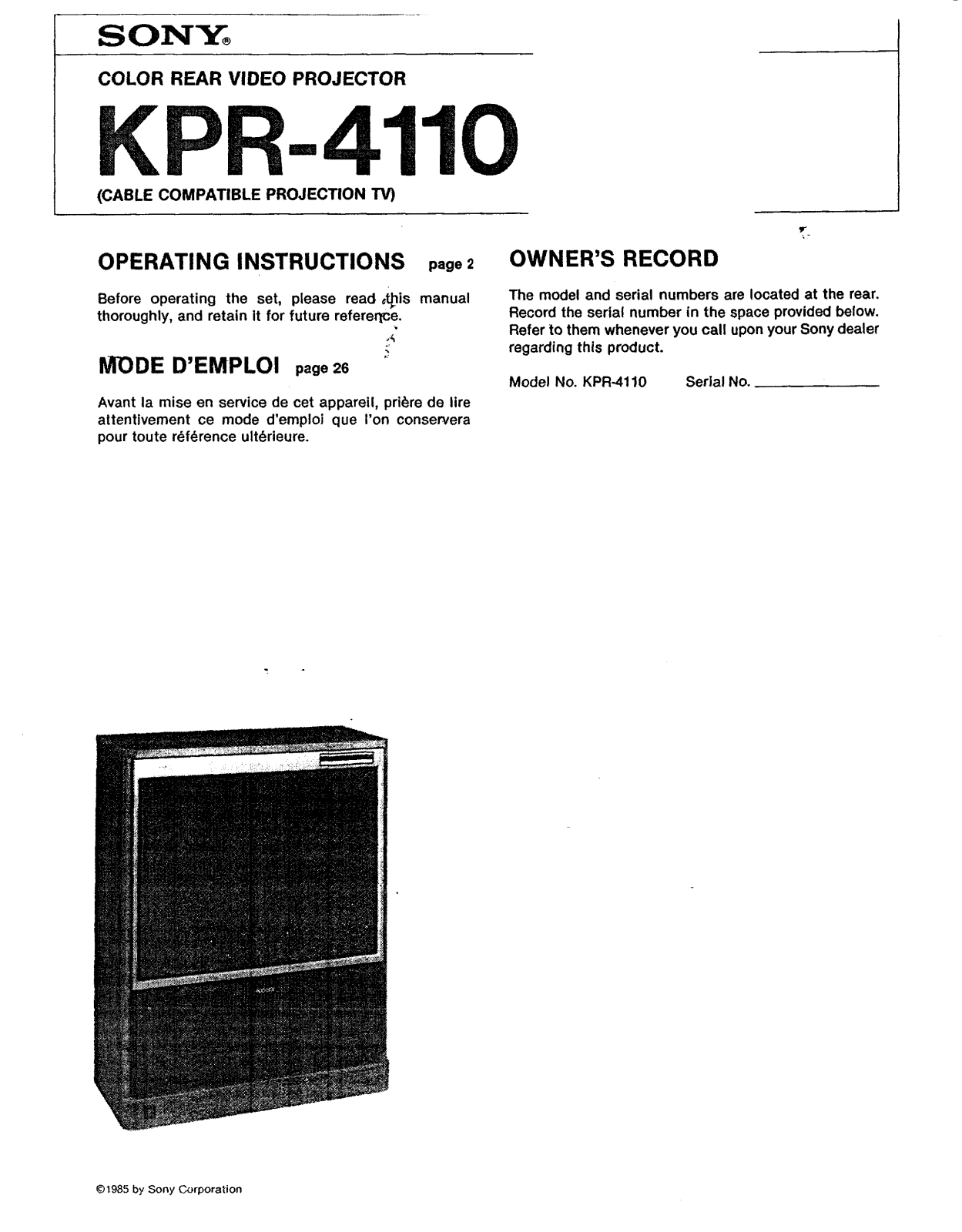 Sony KP-R4110 Operating Manual