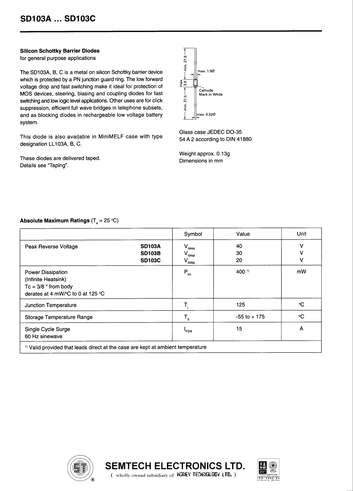 SEMTECH ELECTRONICS SD103A, SD103B, SD103C Datasheet