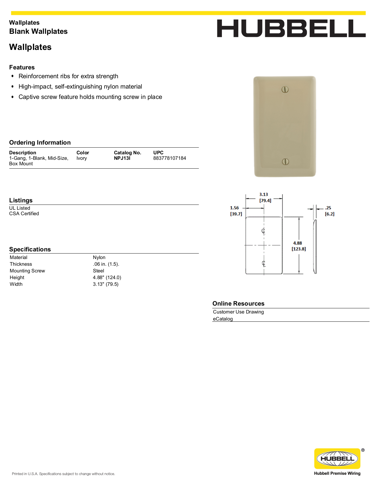 Hubbell NPJ13I Specifications