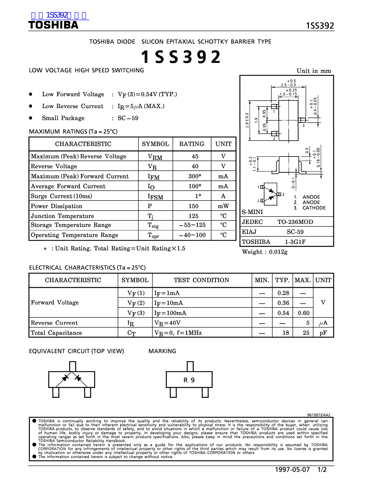 TOSHIBA 1SS392 Technical data