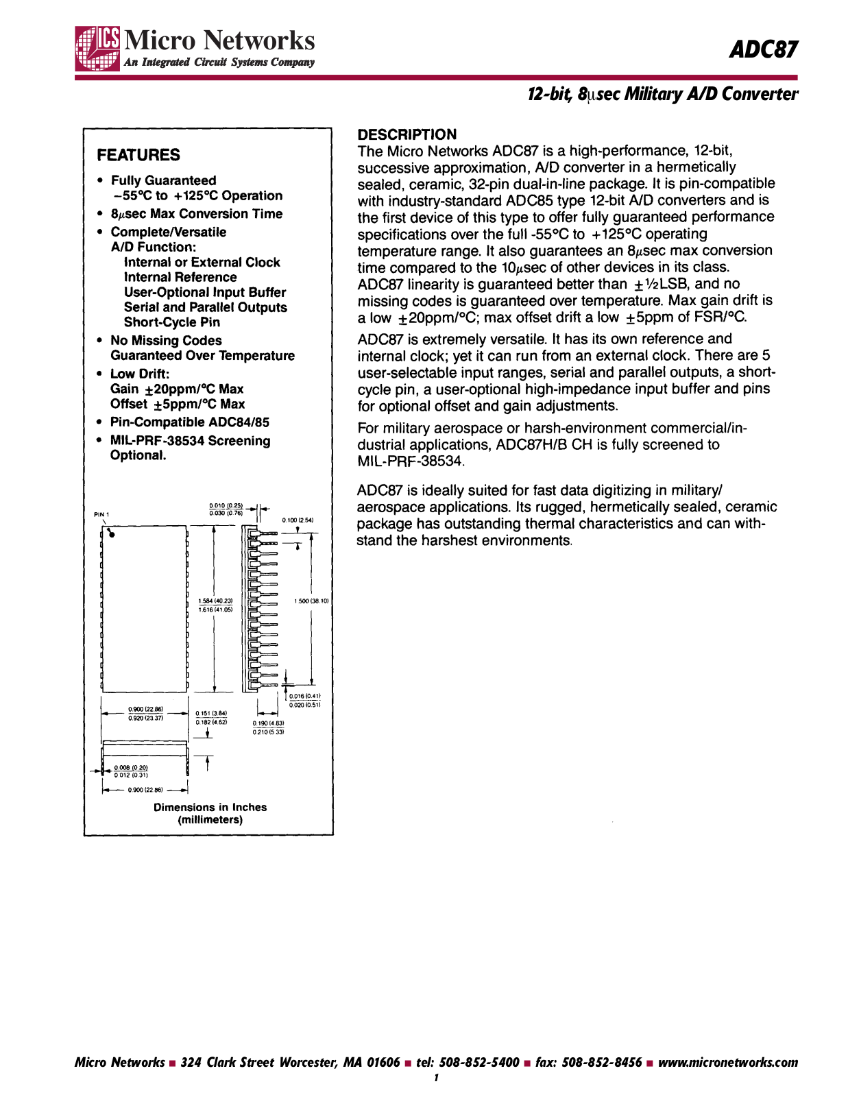 Micro Networks ADC87H-BCH, ADC87H-B, ADC87H, ADC87 Datasheet