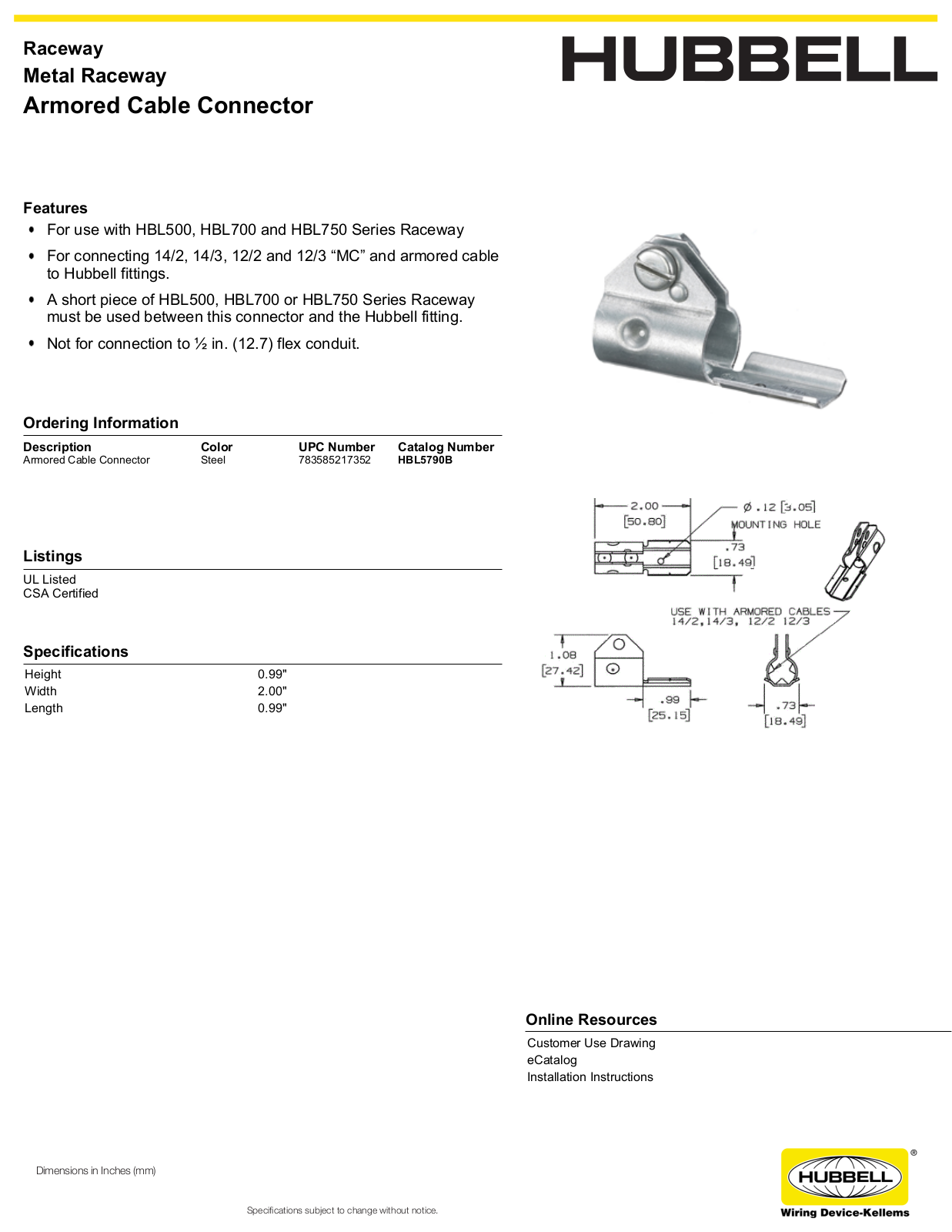 Hubbell HBL5790B Specifications