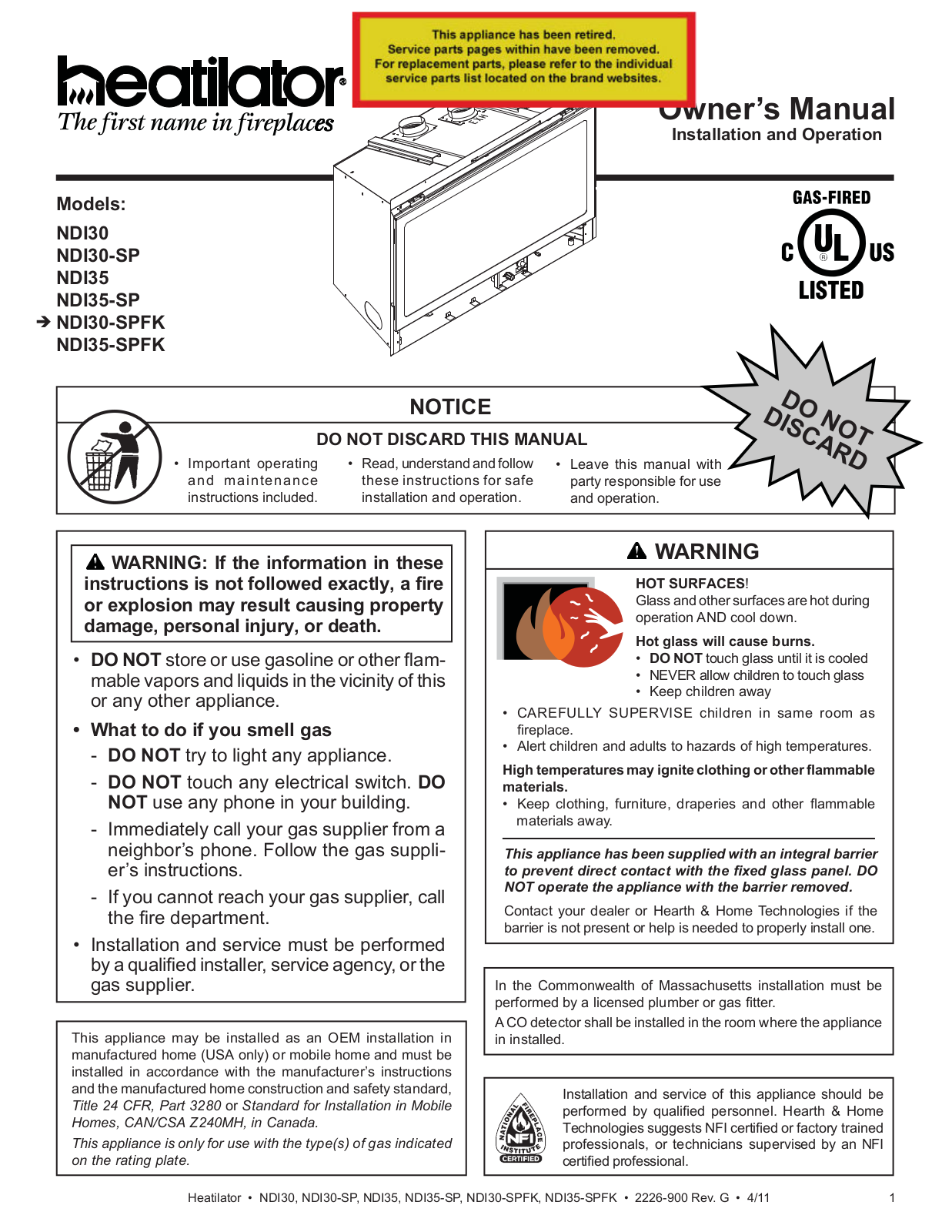 Heatiator NDI30, NDI35, NDI30-SP, NDI35-SP, NDI30-SPFK User Manual