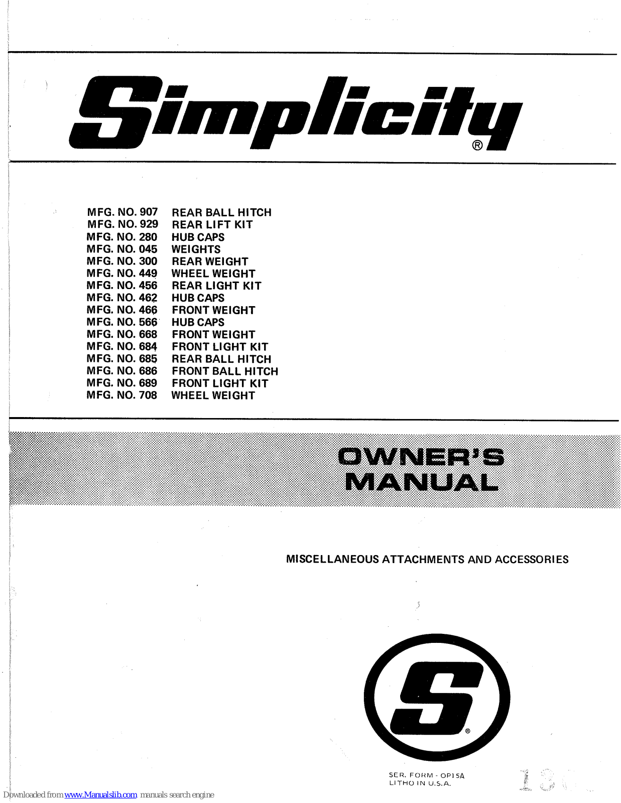 Simplicity 280, 456, 462, 668, 685 Owner's Manual