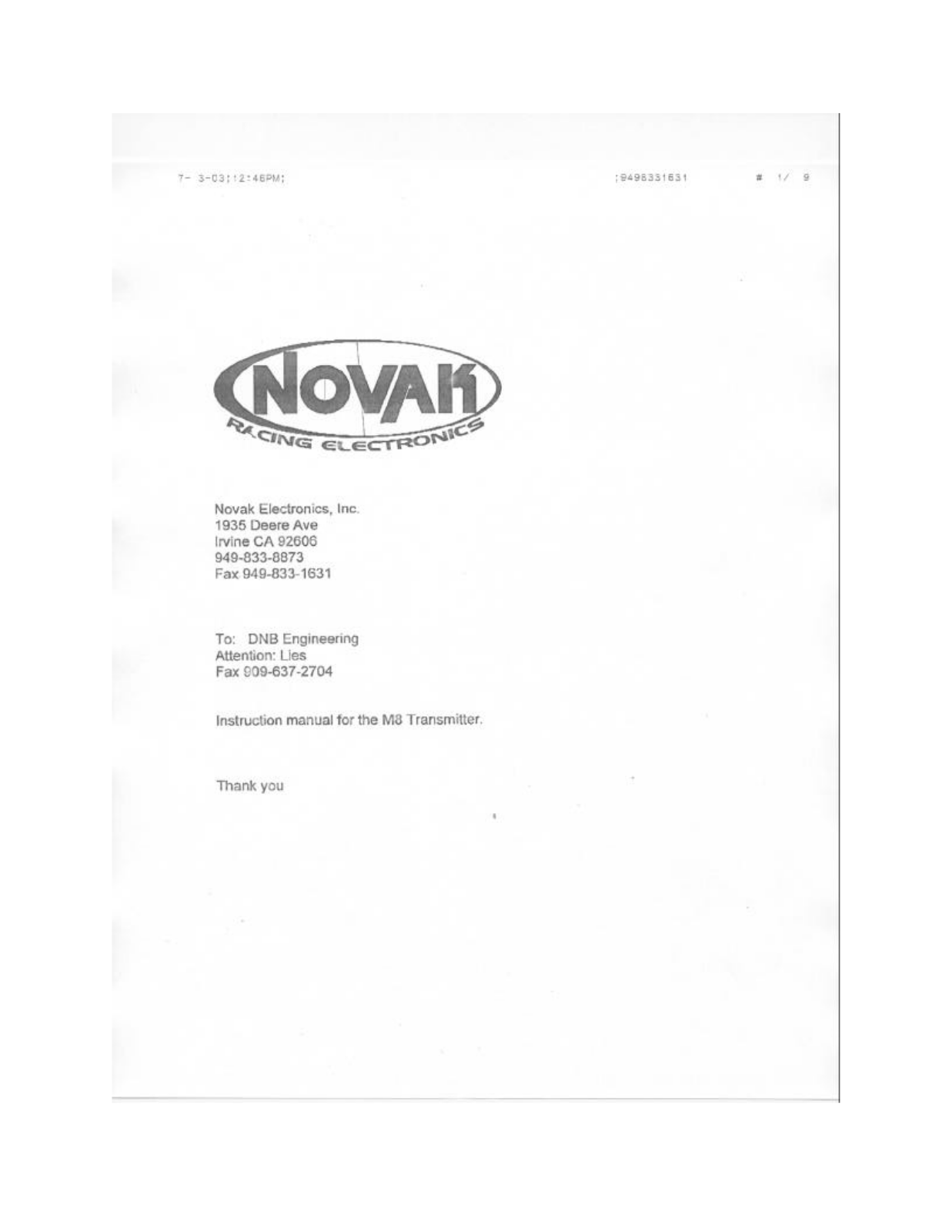 Novak Electronics TX001 User Manual