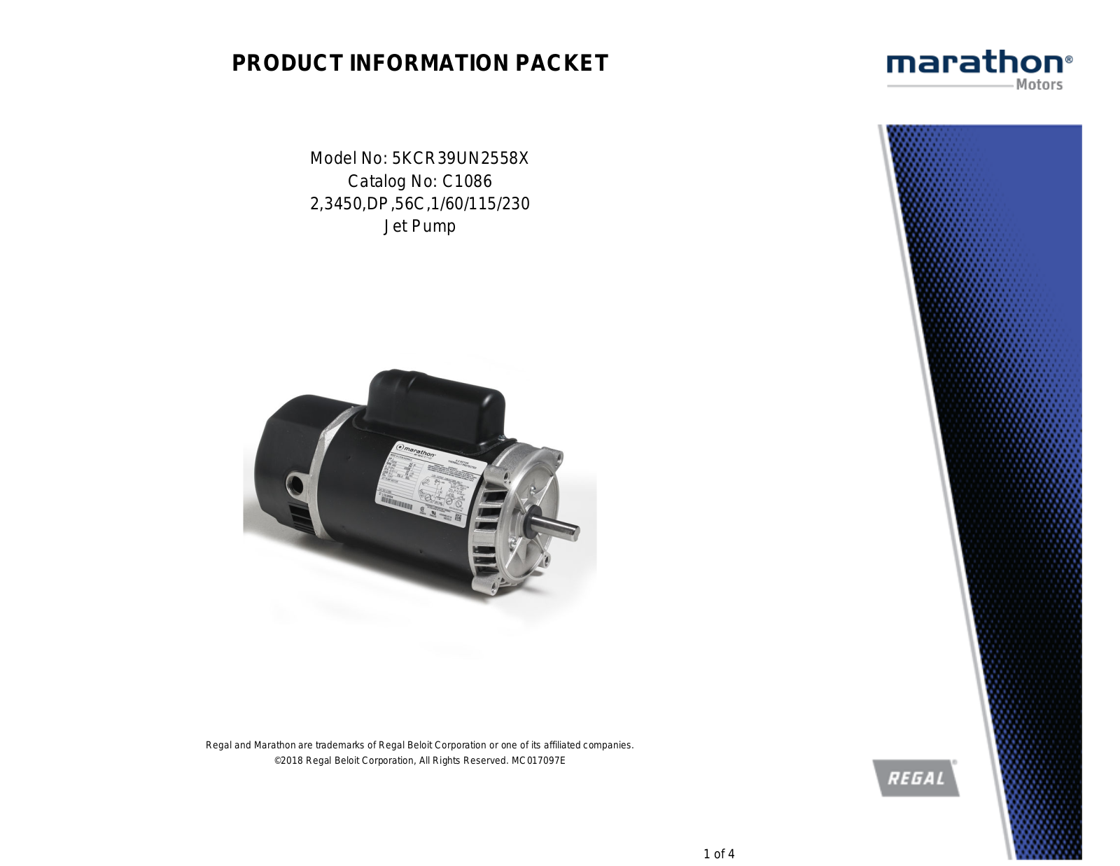 Marathon Electric 5KCR39UN2558X Product Information Packet