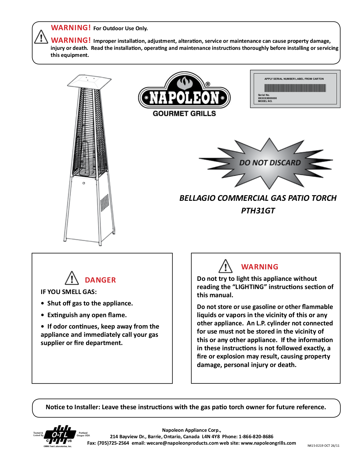 Napoleon Grills PTH31GT User Manual