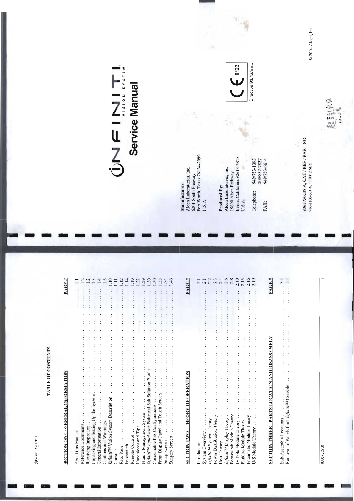 Alcon Infiniti Ophthalmic Service manual