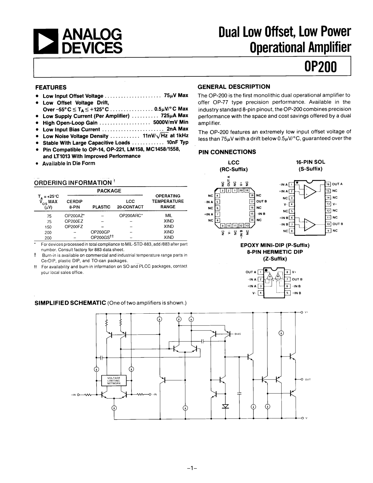 Analog Devices OP200 Datasheet