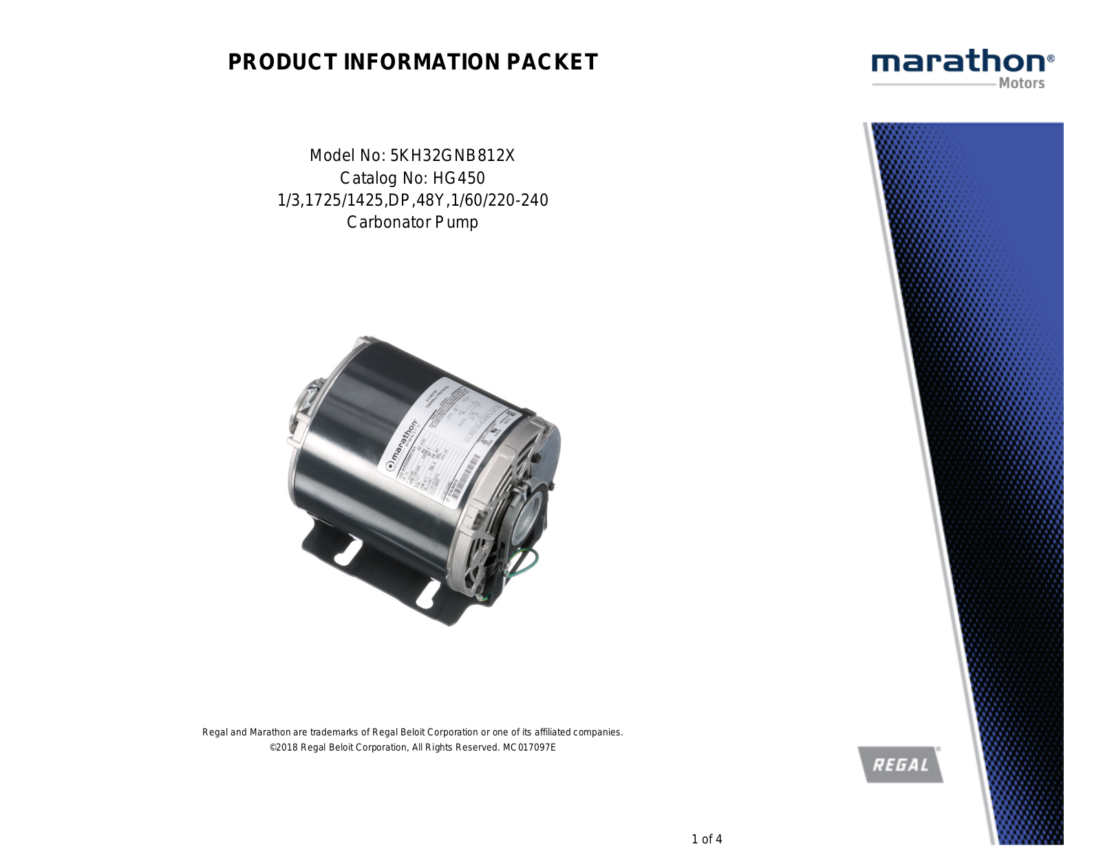 Marathon Electric 5KH32GNB812X Product Information Packet