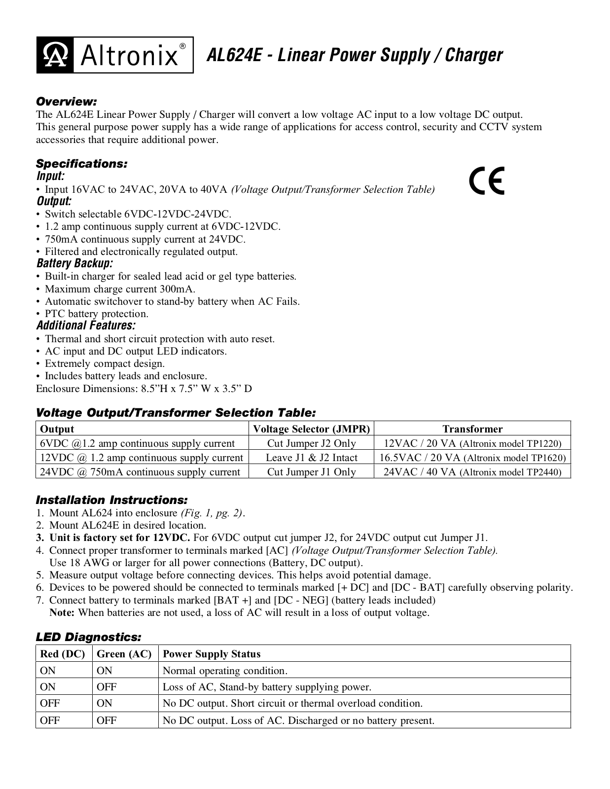 Altronix AL624E Installation Instructions