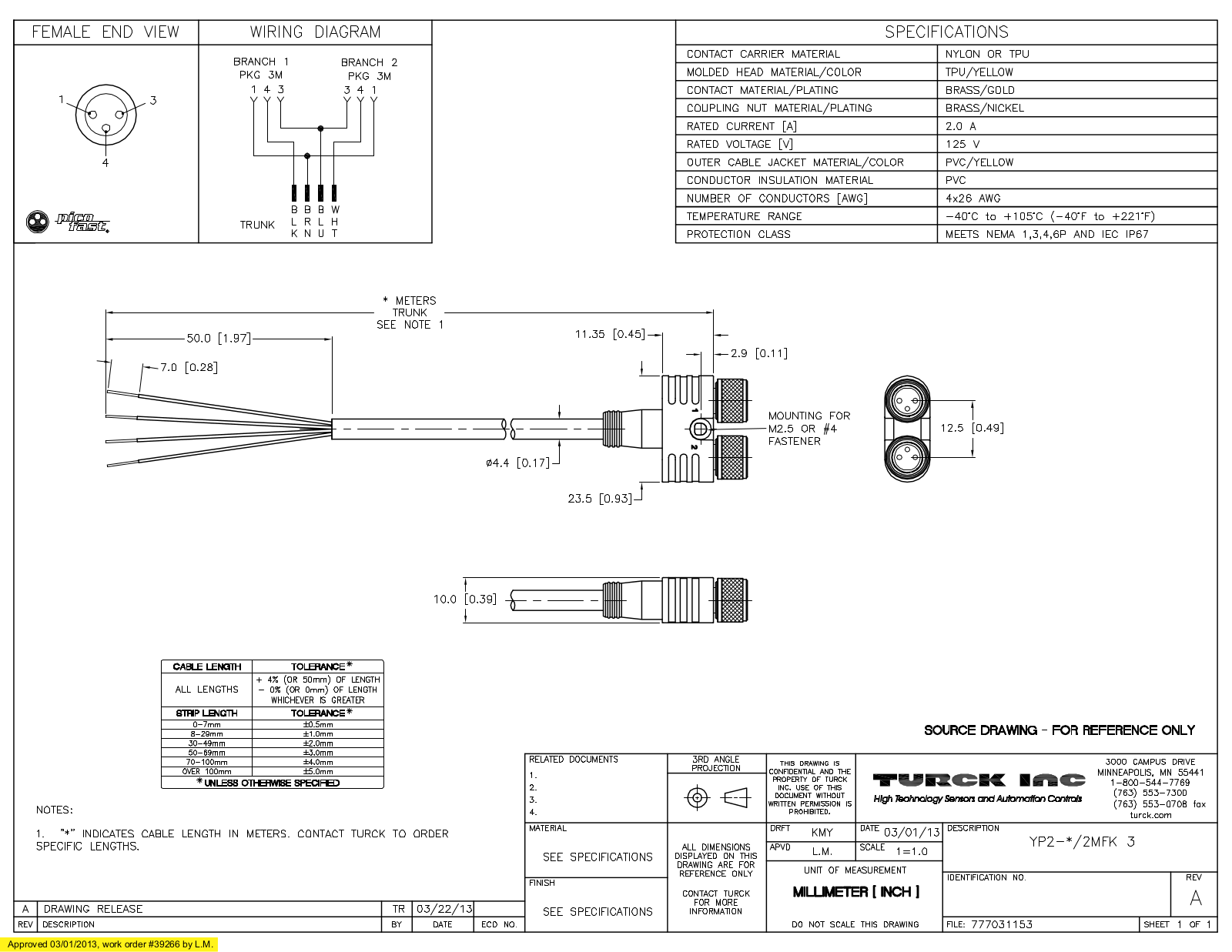 Turck YP2-0.5/2MFK3 Specification Sheet