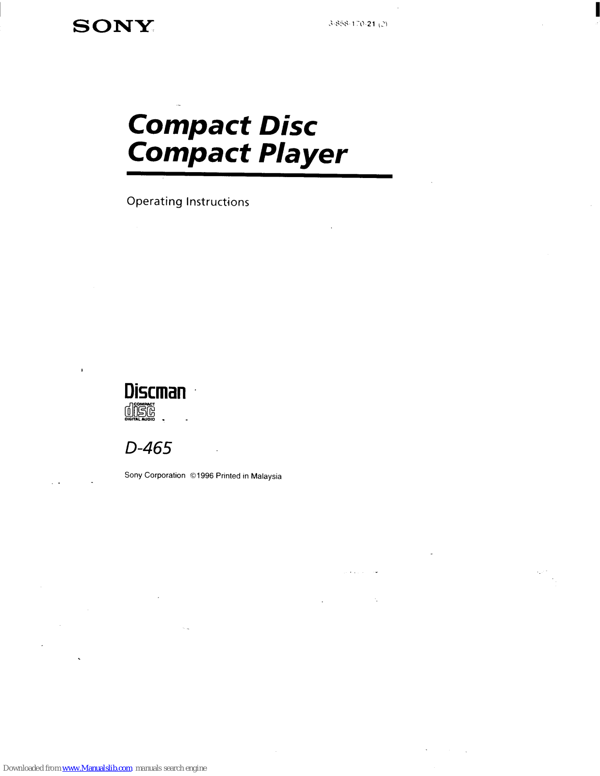 Sony Discman D-465 Operating Instructions Manual