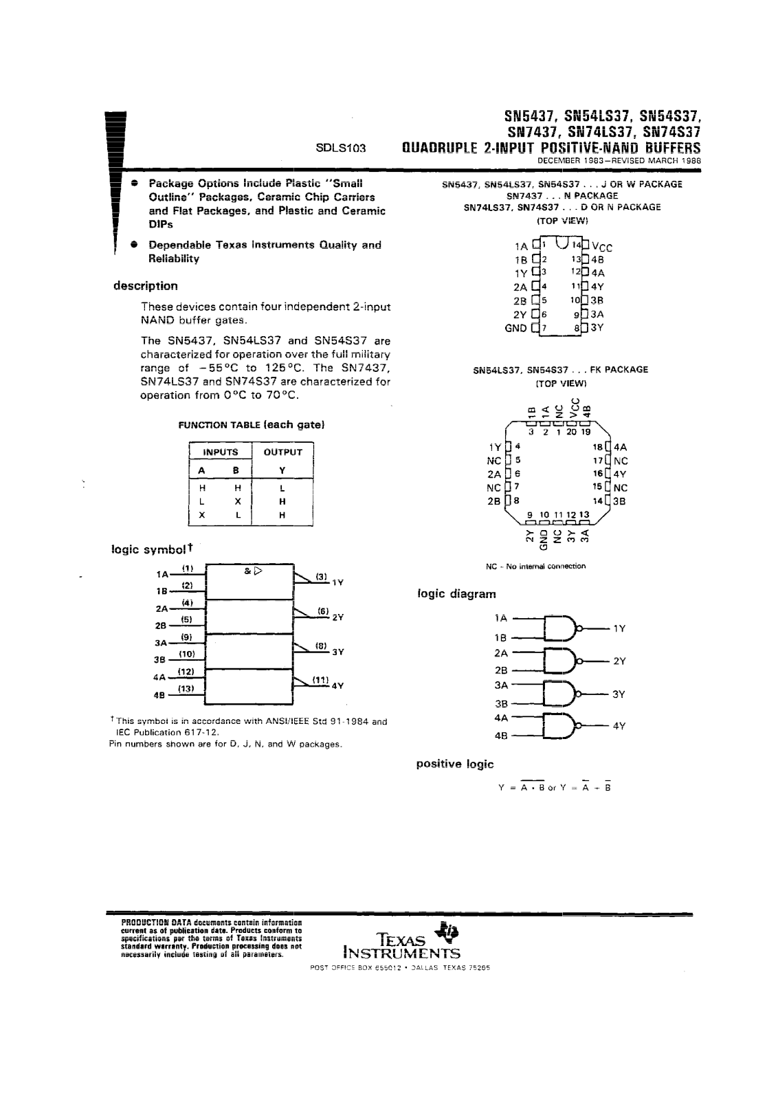 Datasheet SN5437J, SN54LS37J, SN54S37J, SN7437N, SN7437N3 Datasheet (Texas Instruments) - ManualMachine.com