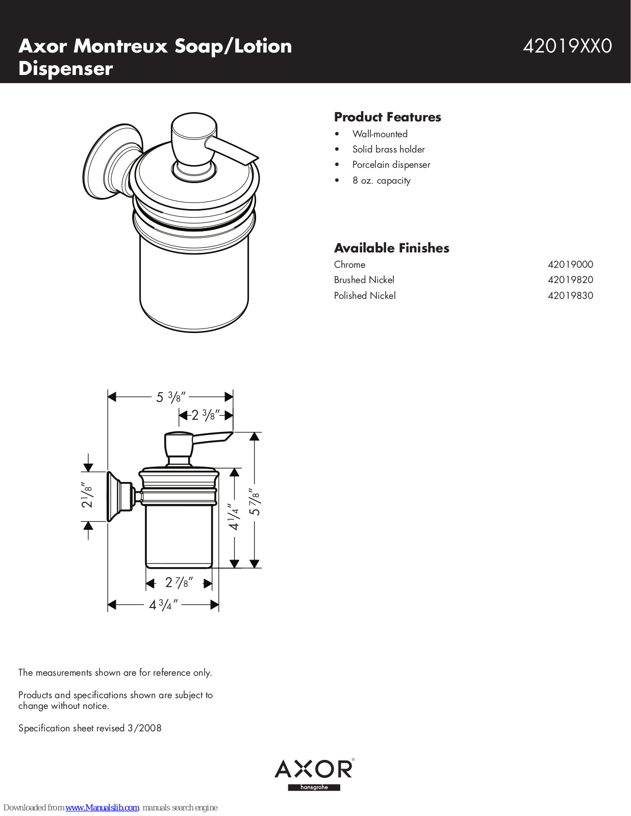 Axor 16506001, 42019000, 42019820, 42019830 Features & Dimensions