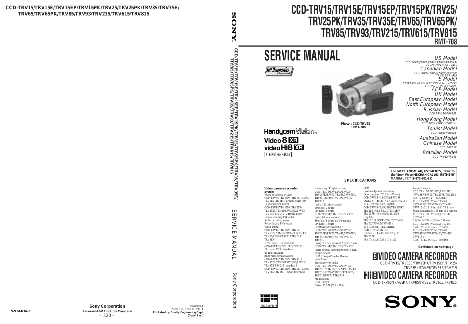 Sony CCD-TRV85, CCD-TRV815, CCD-TRV615, CCD-TRV215, CCD-TRV93 Service Manual