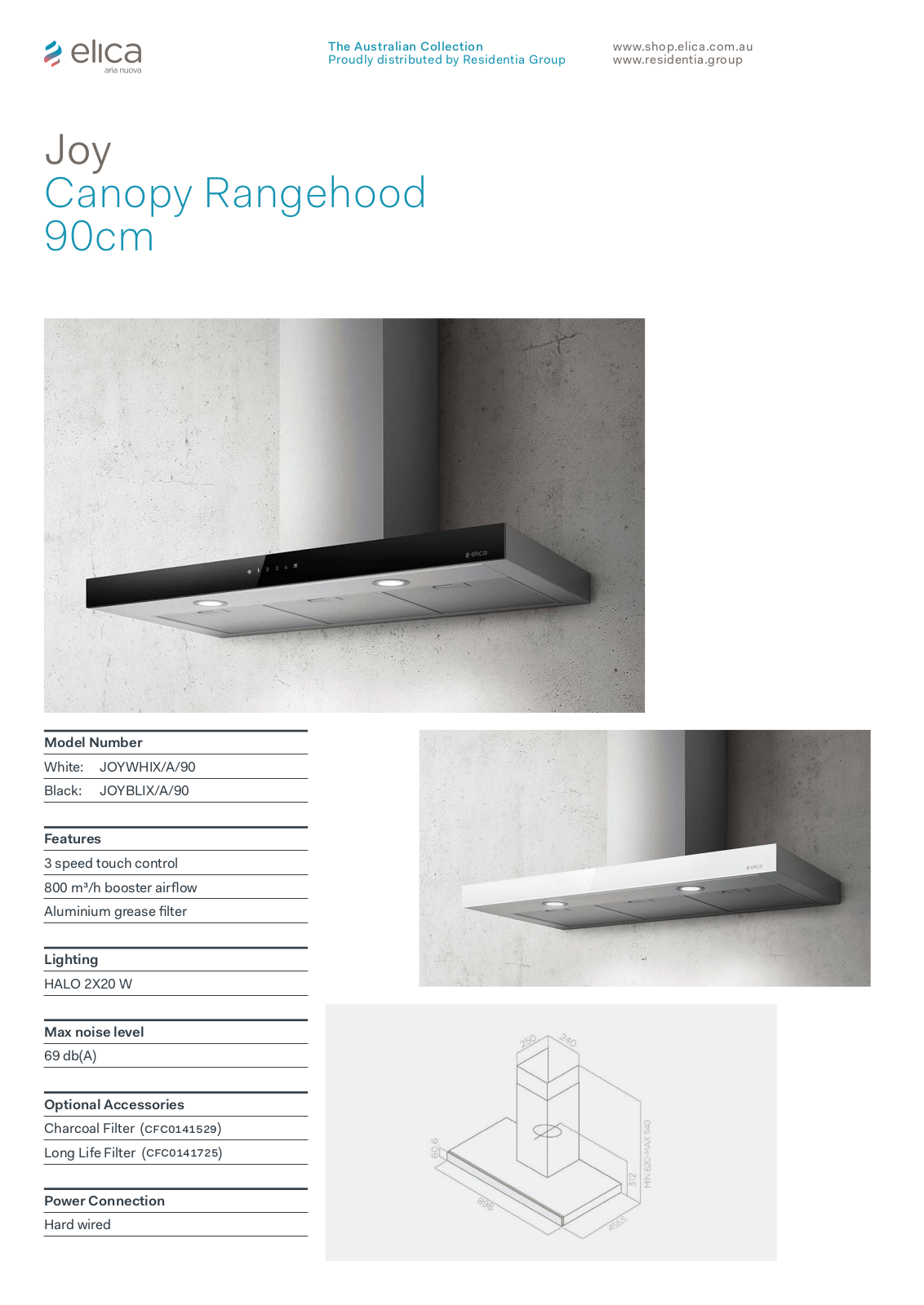 Elica JOYBLIXA90, JOYWHIXA90 Specifications Sheet