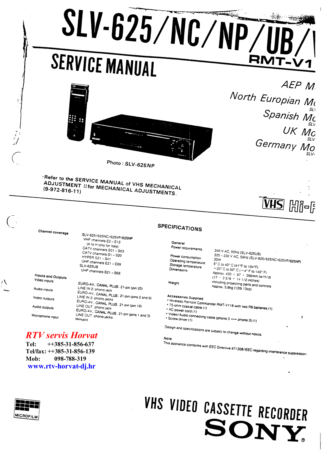 SONY SLV625 Service Manual