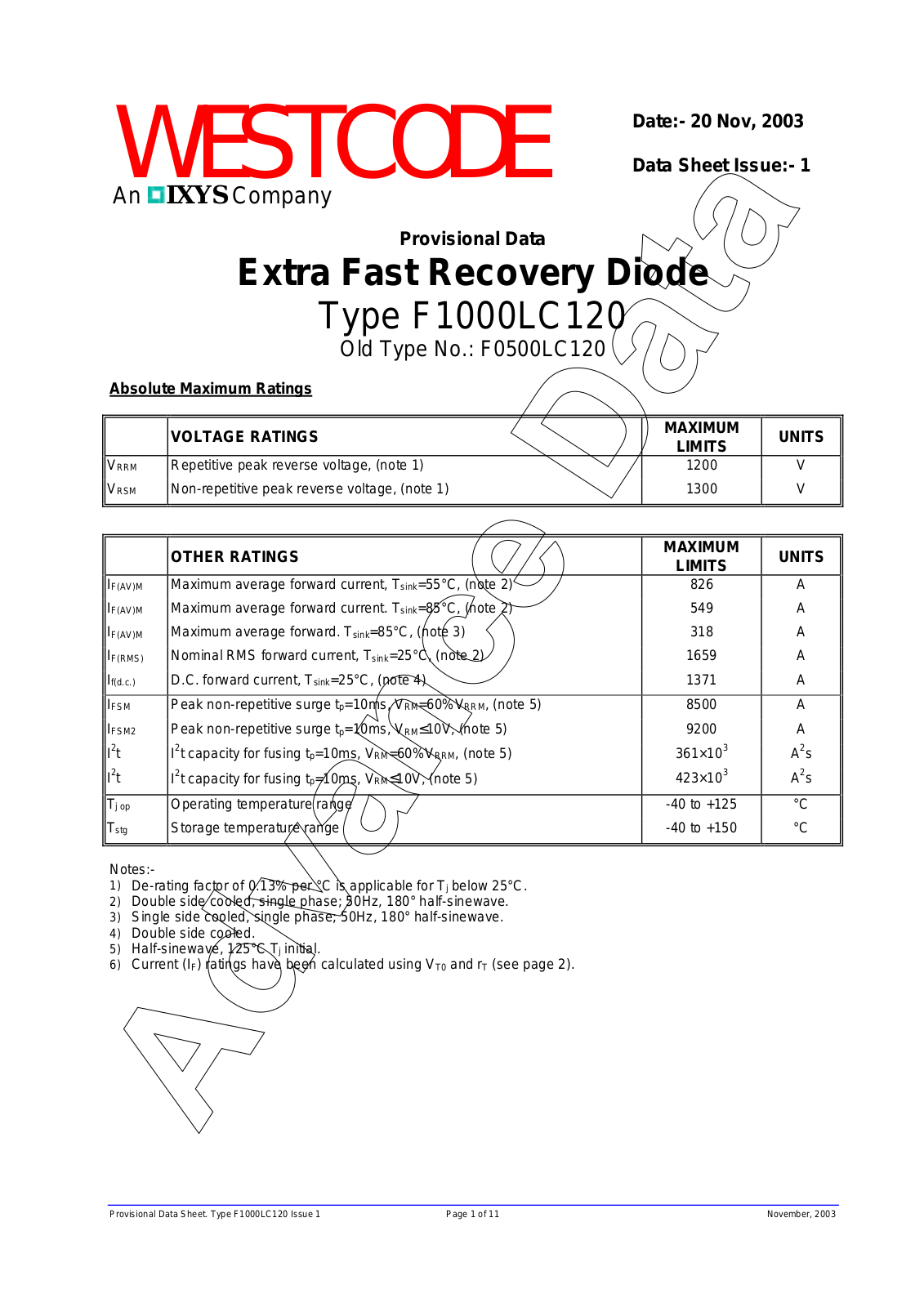 Westcode Semiconductors F1000LC120 Data Sheet