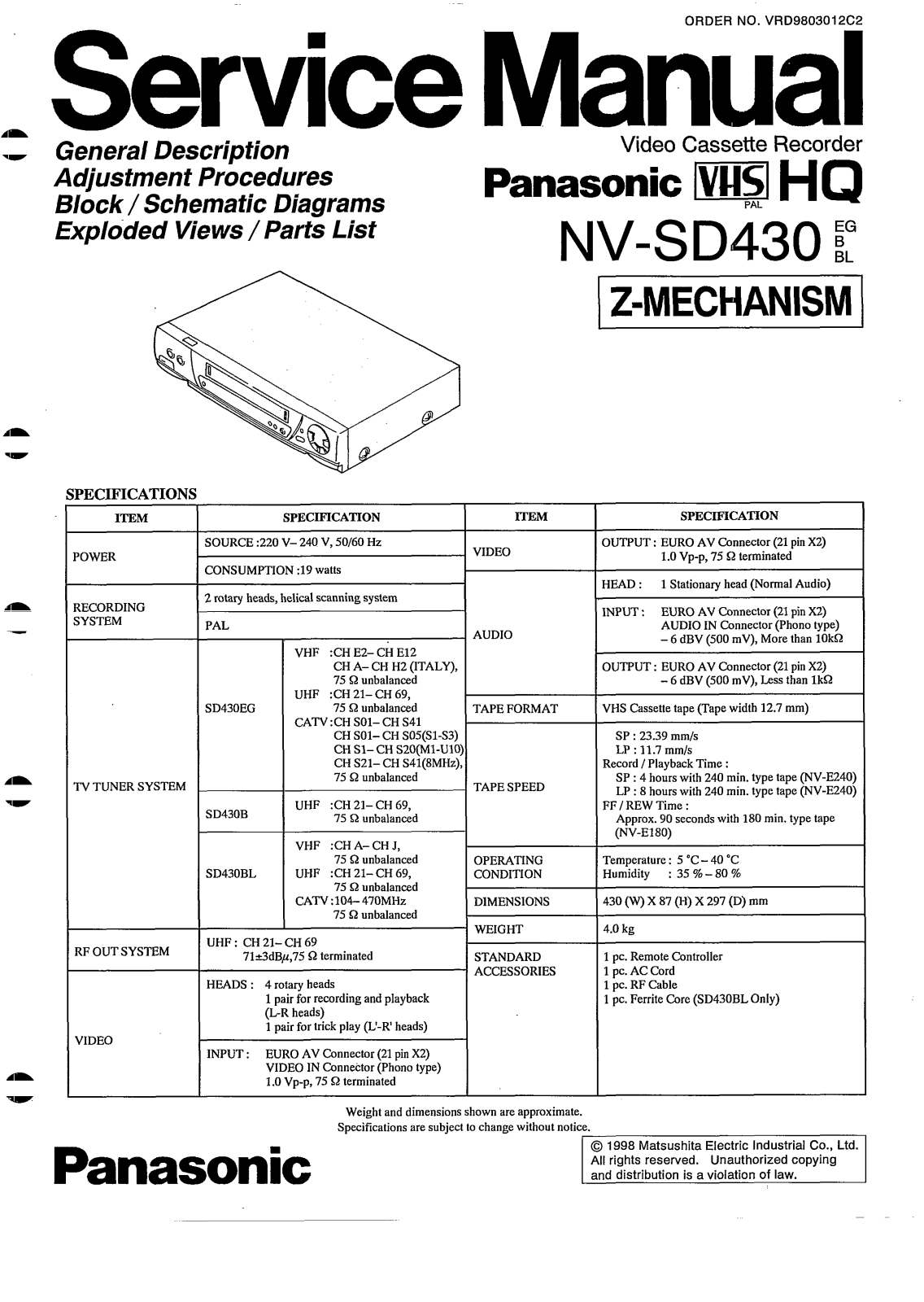 PANASONIC NV-SD430 Service Manual