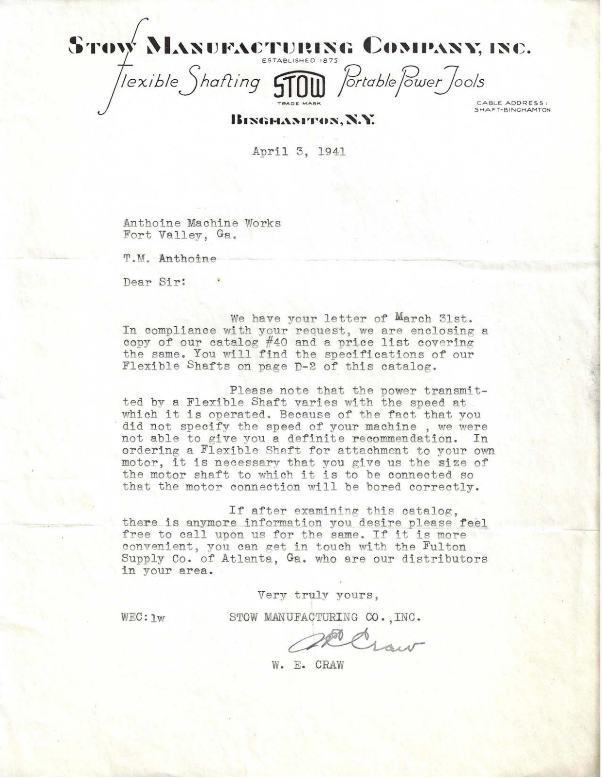 Stow Manufacturing Letter dated 1941 Correspondence - ManualMachine.com