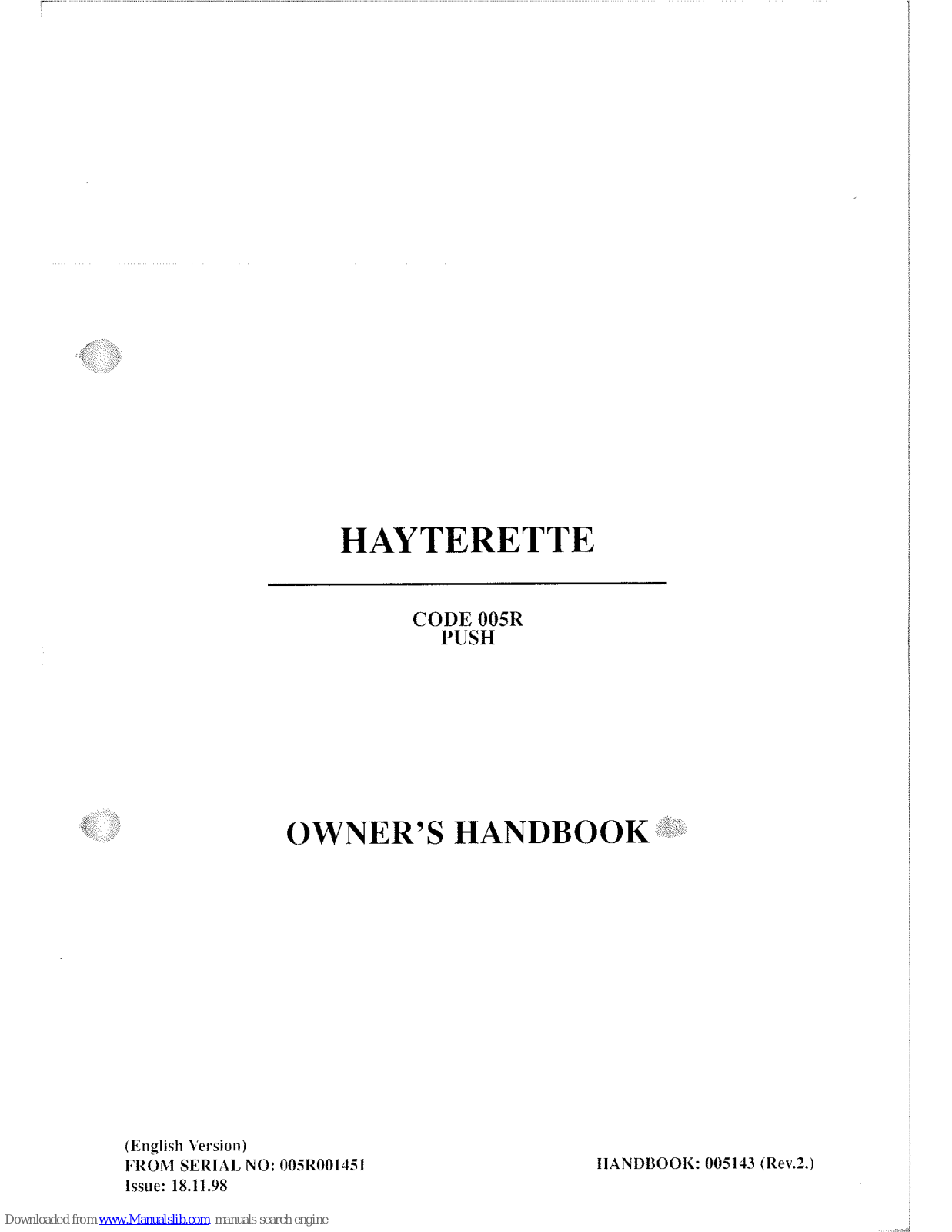 Hayter hayterette 005R Owner's Handbook Manual