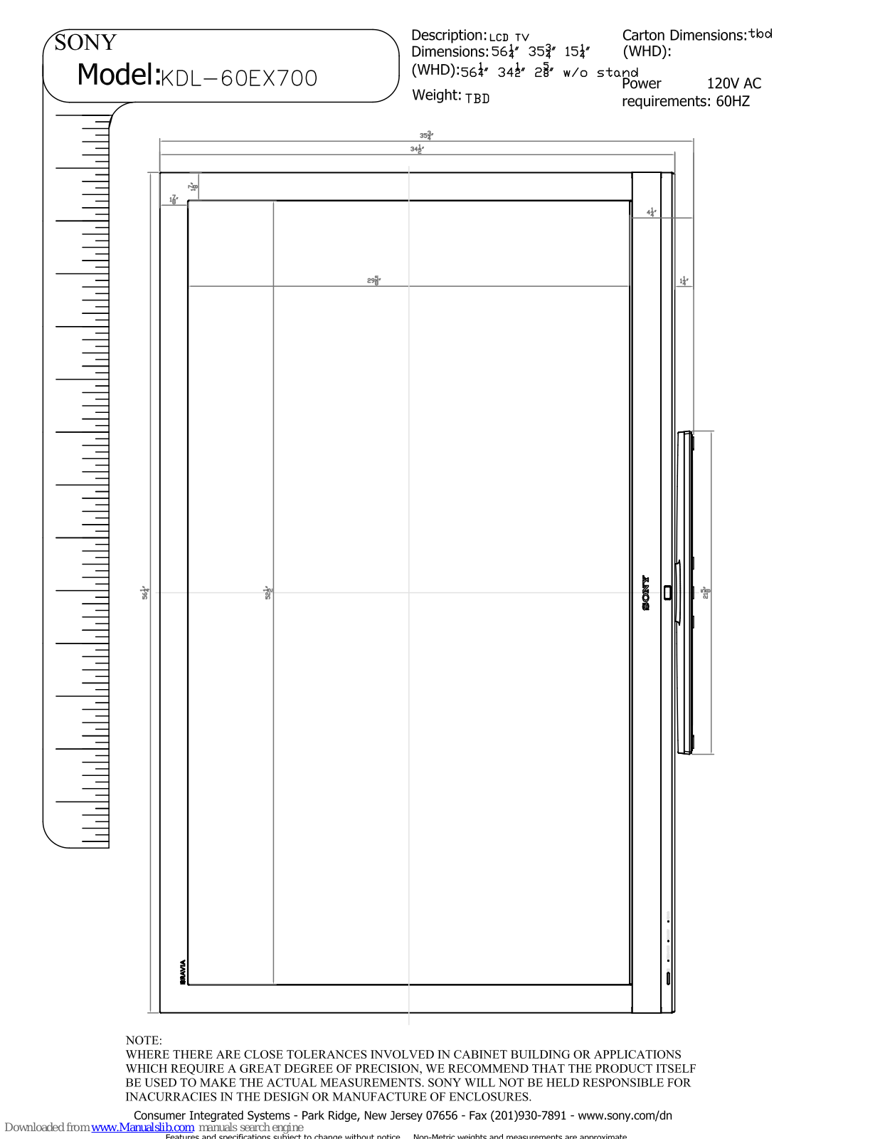 Sony KDL-60EX700 - Bravia Ex Series Lcd Television Dimensions