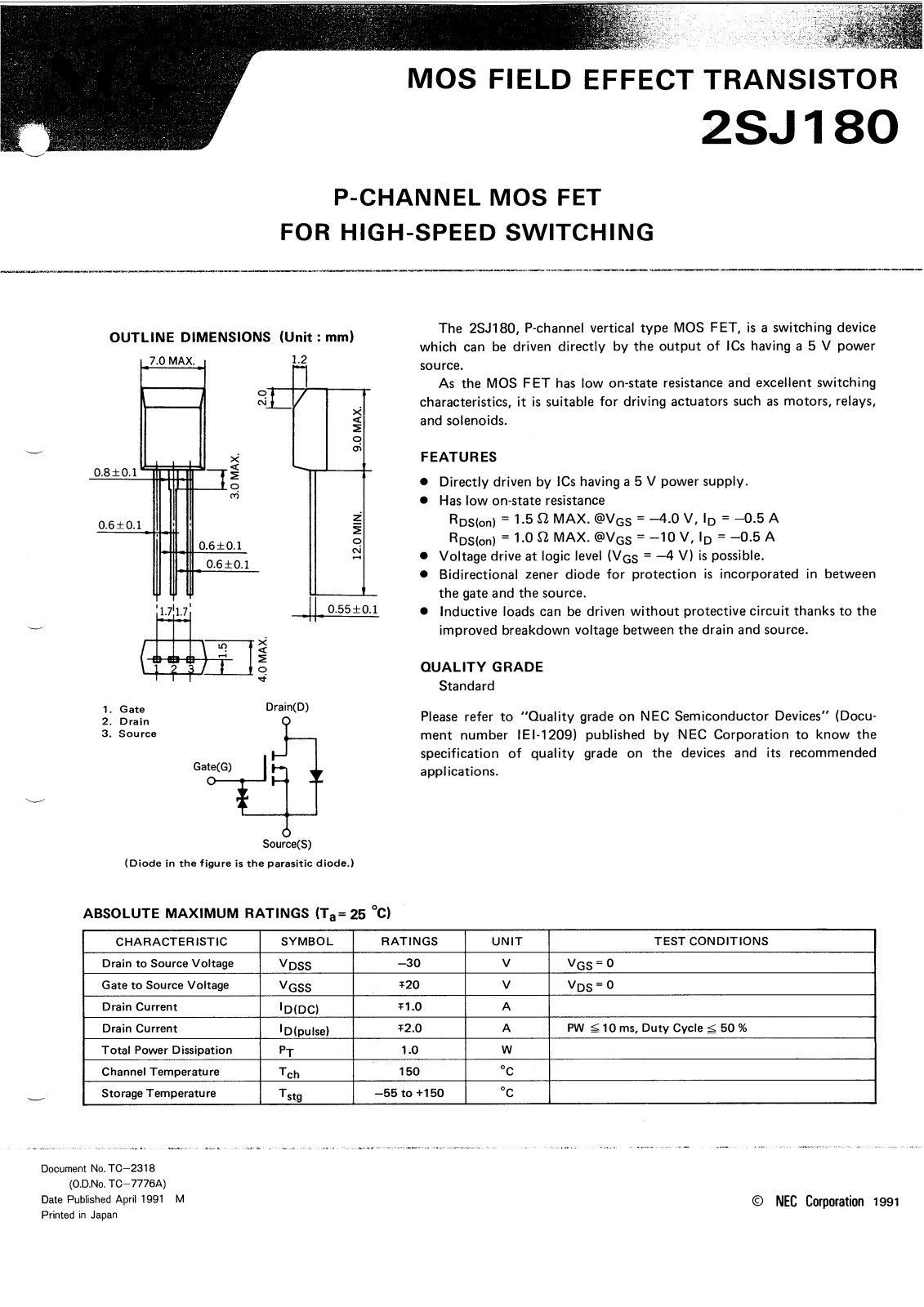 NEC 2SJ180 Technical data