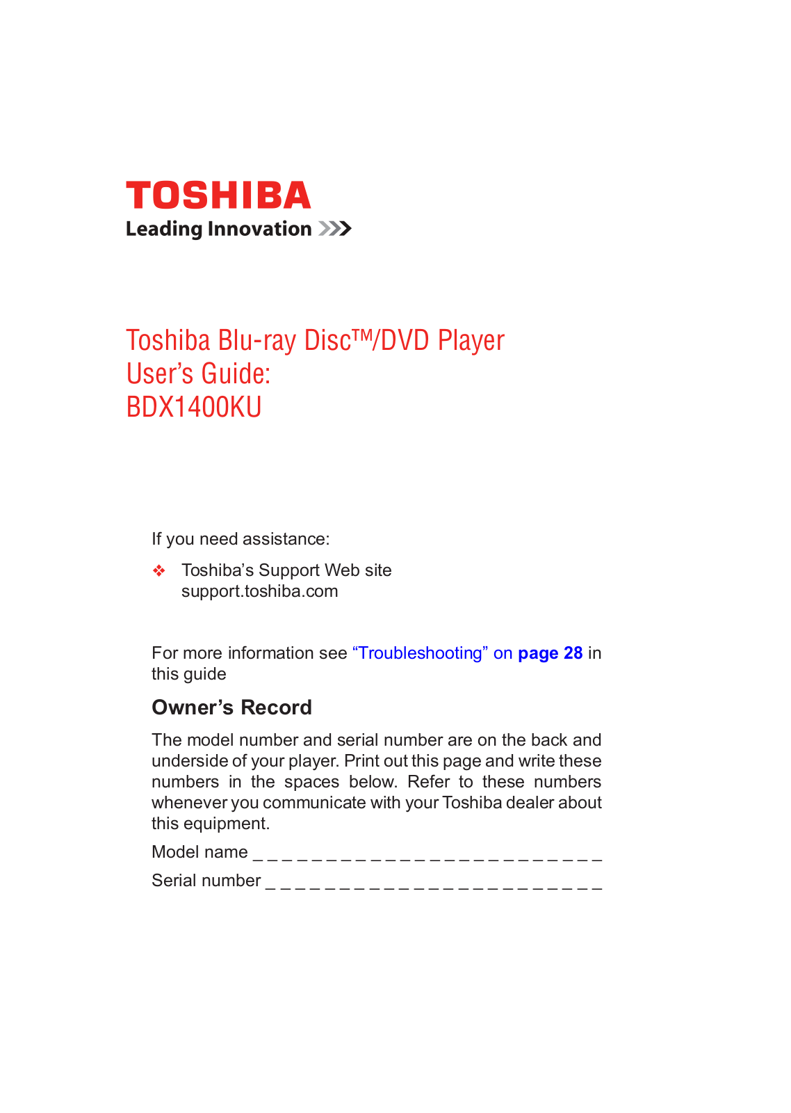 Toshiba BDX1400KU User Manual