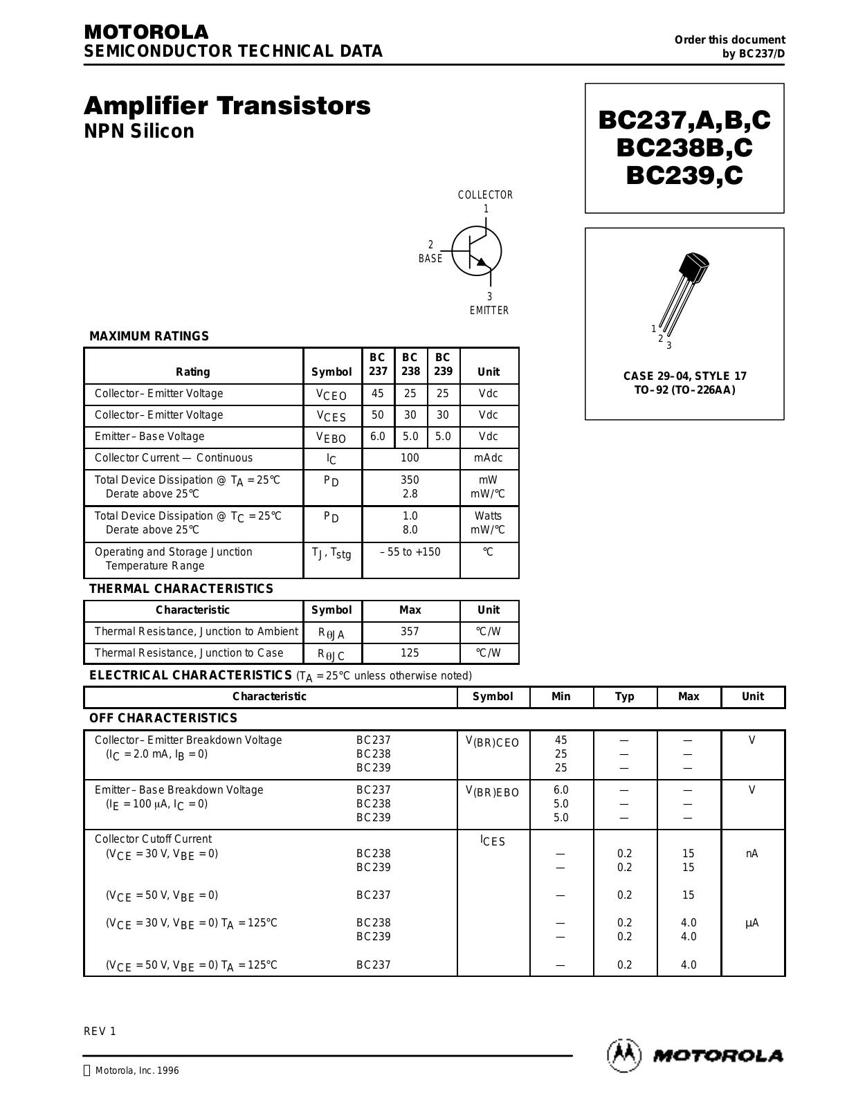 Motorola BC239C, BC239, BC238C, BC238B, BC237C Datasheet