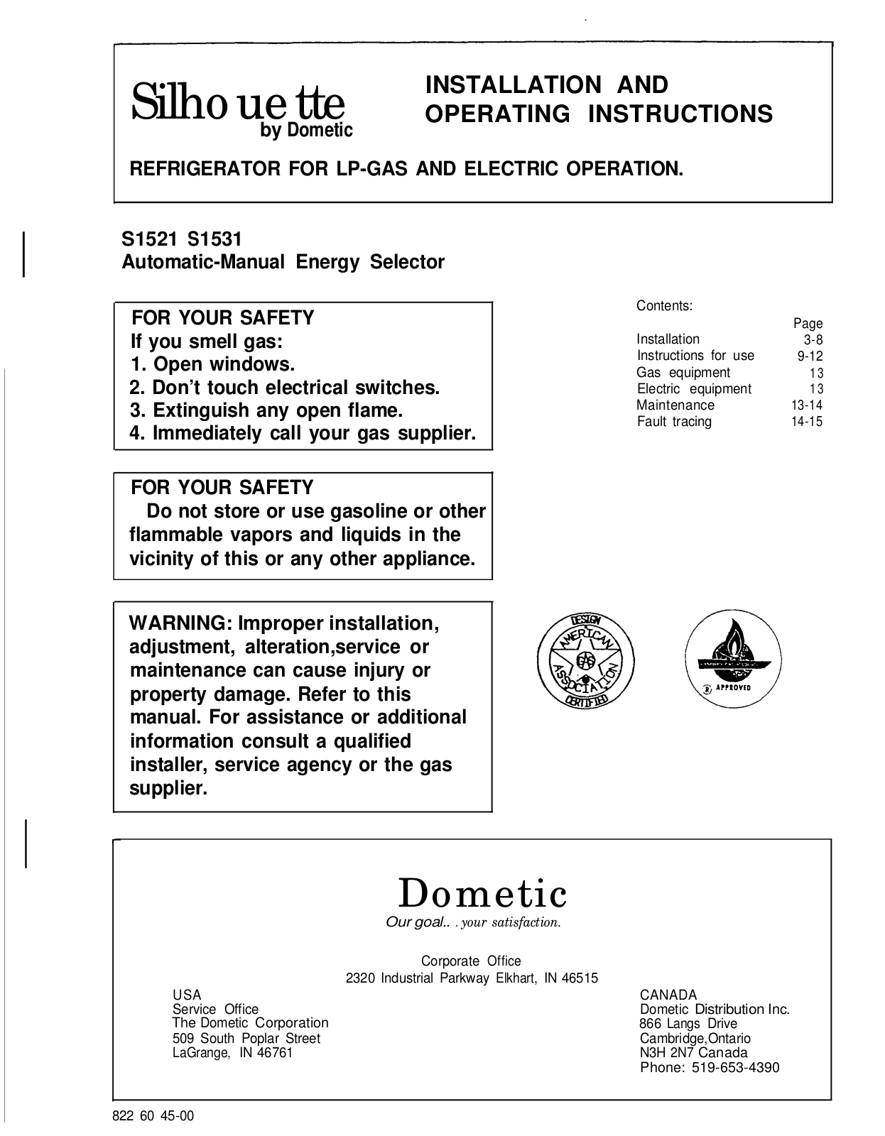 Dometic Silhouette S1521, Silhouette S1531 Installation And Operating Instructions Manual