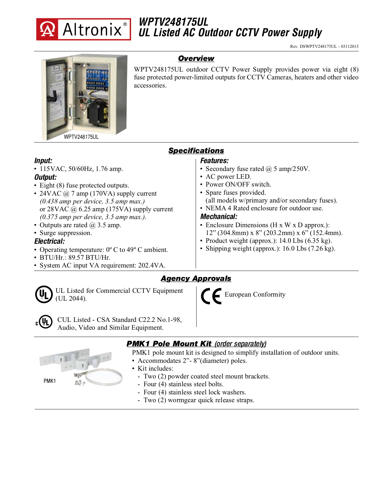 Altronix WPTV248175UL Data Sheet