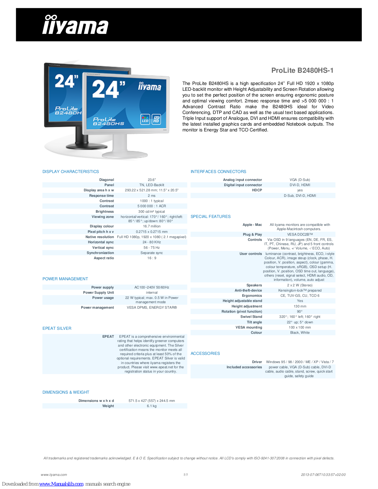 Iiyama ProLite B2480HS-1 Specification