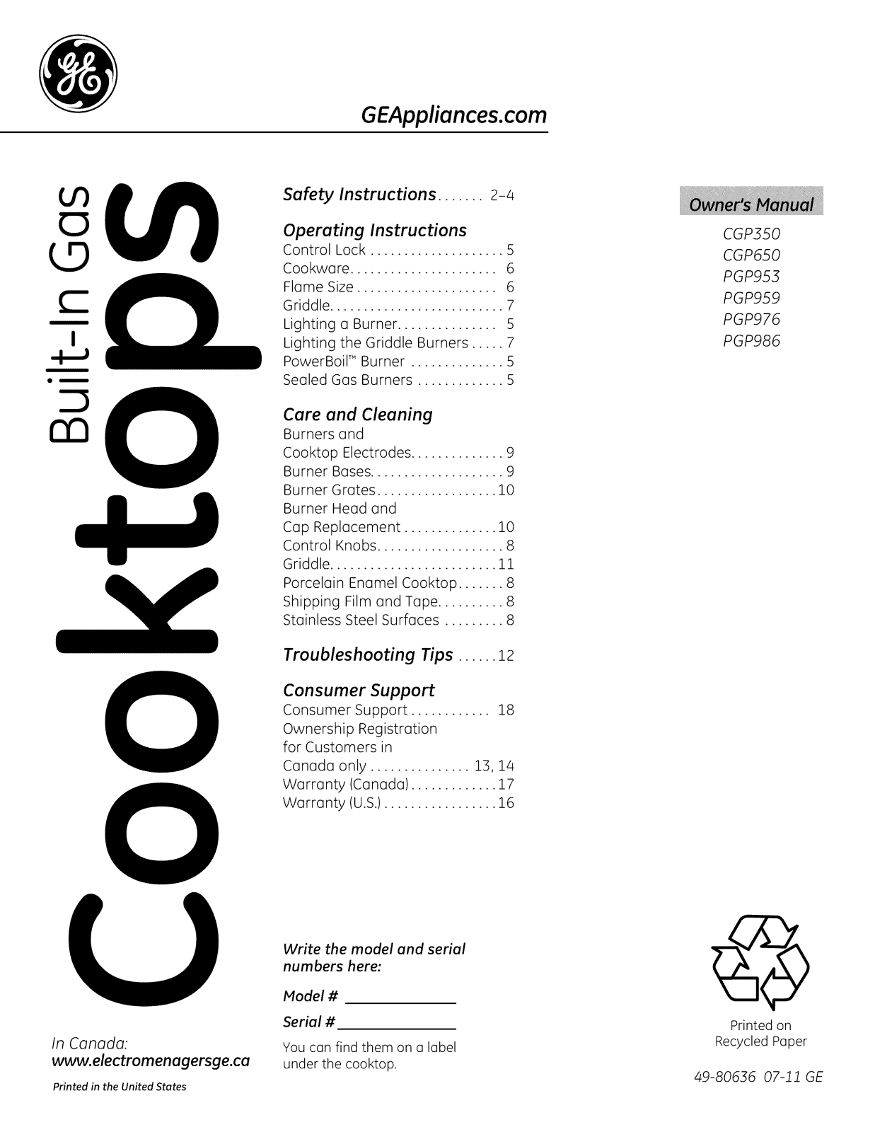 GE PGP986SET1SS, PGP976SET1SS, PGP976DET1WW, PGP976DET1BB, PGP959SET1SS Owner’s Manual