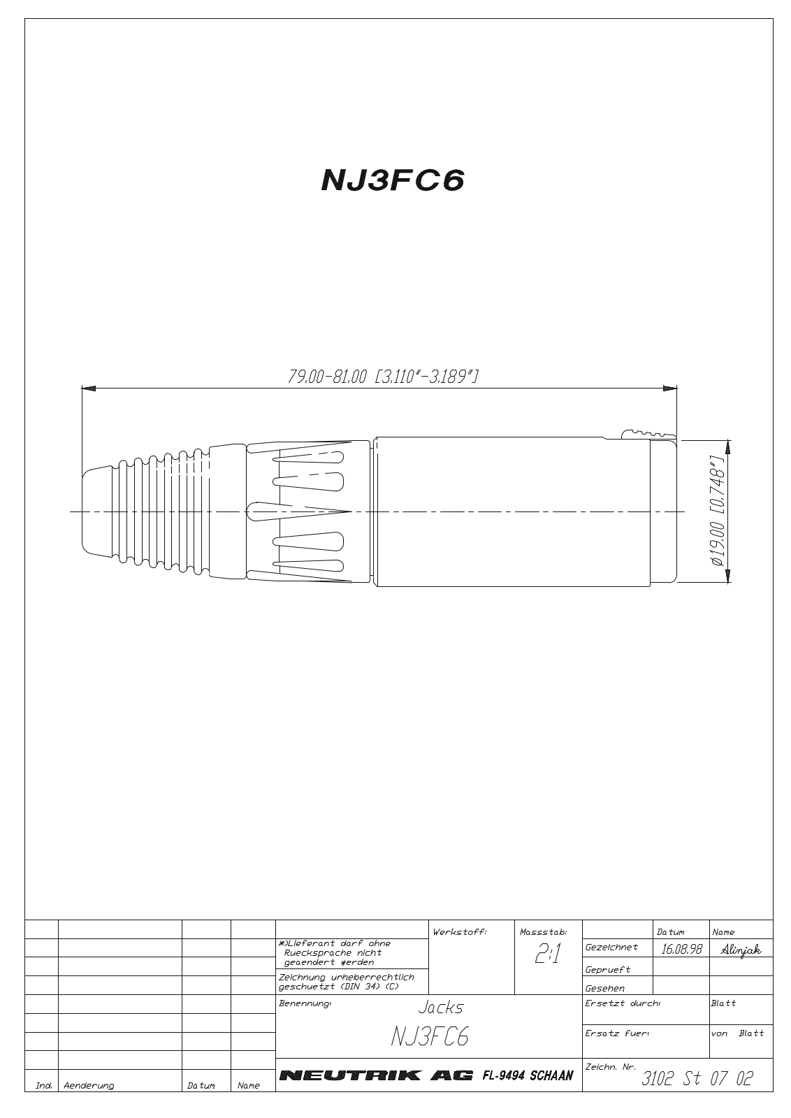 Neutrik NJ3FC6 Drawing manual